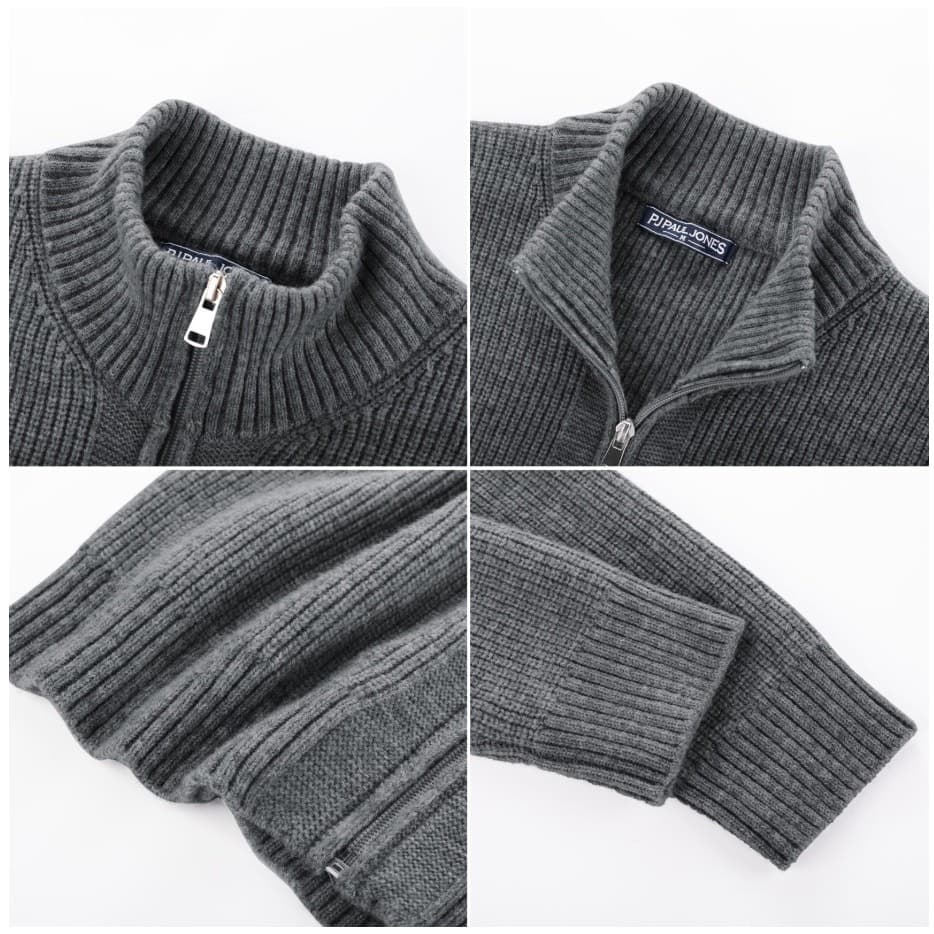 Men’s Black Stand Collar Zip-Up Cardigan Textured Knit Sweater Size L - Thumbnail 8