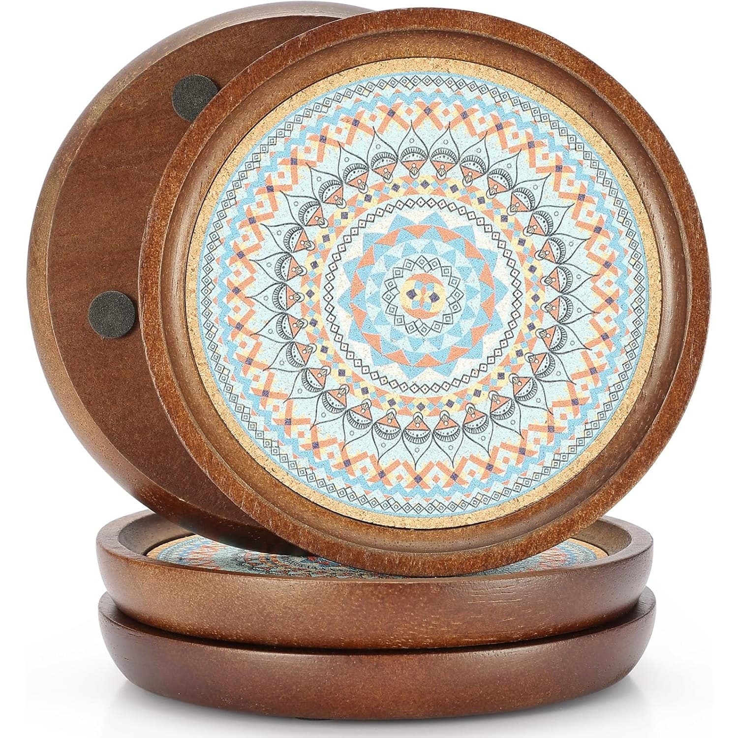 Wooden Drink Coasters Set 4 Mandala Absorbent Cork Base 4.7" Coffee Table - Thumbnail 2