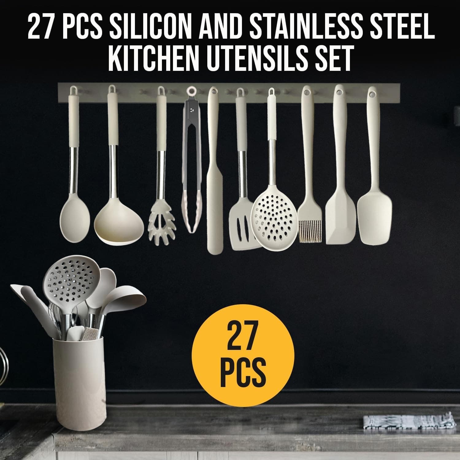 27PCS Silicone Kitchen Utensil Set Stainless Steel Handle Heat Resistant Khaki - Thumbnail 3