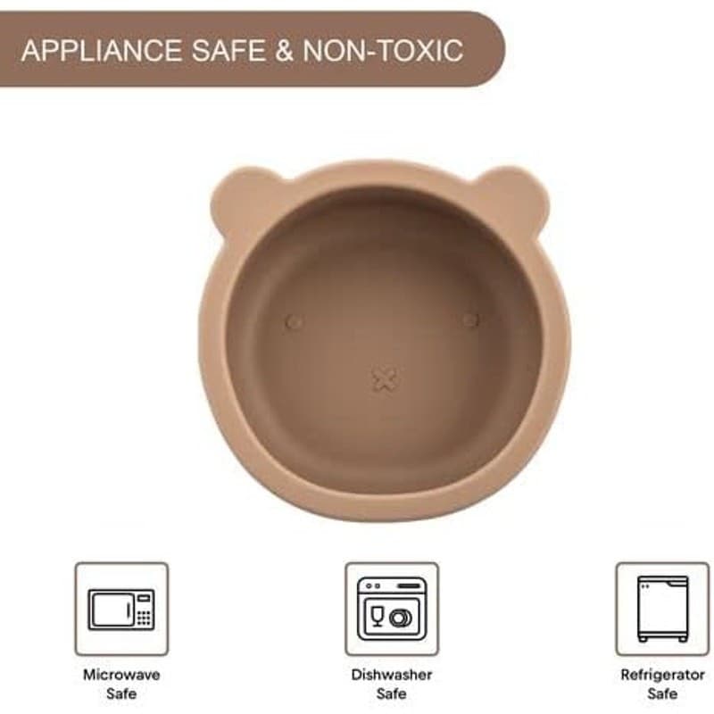 Silicone Baby Suction Bowl Spoon Set BPA Free Toddler Feeding Non Slip Taupe - Thumbnail 6