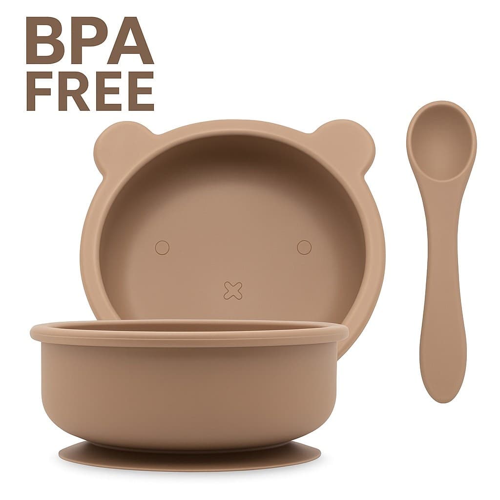 Silicone Baby Suction Bowl Spoon Set BPA Free Toddler Feeding Non Slip Taupe - Thumbnail 2