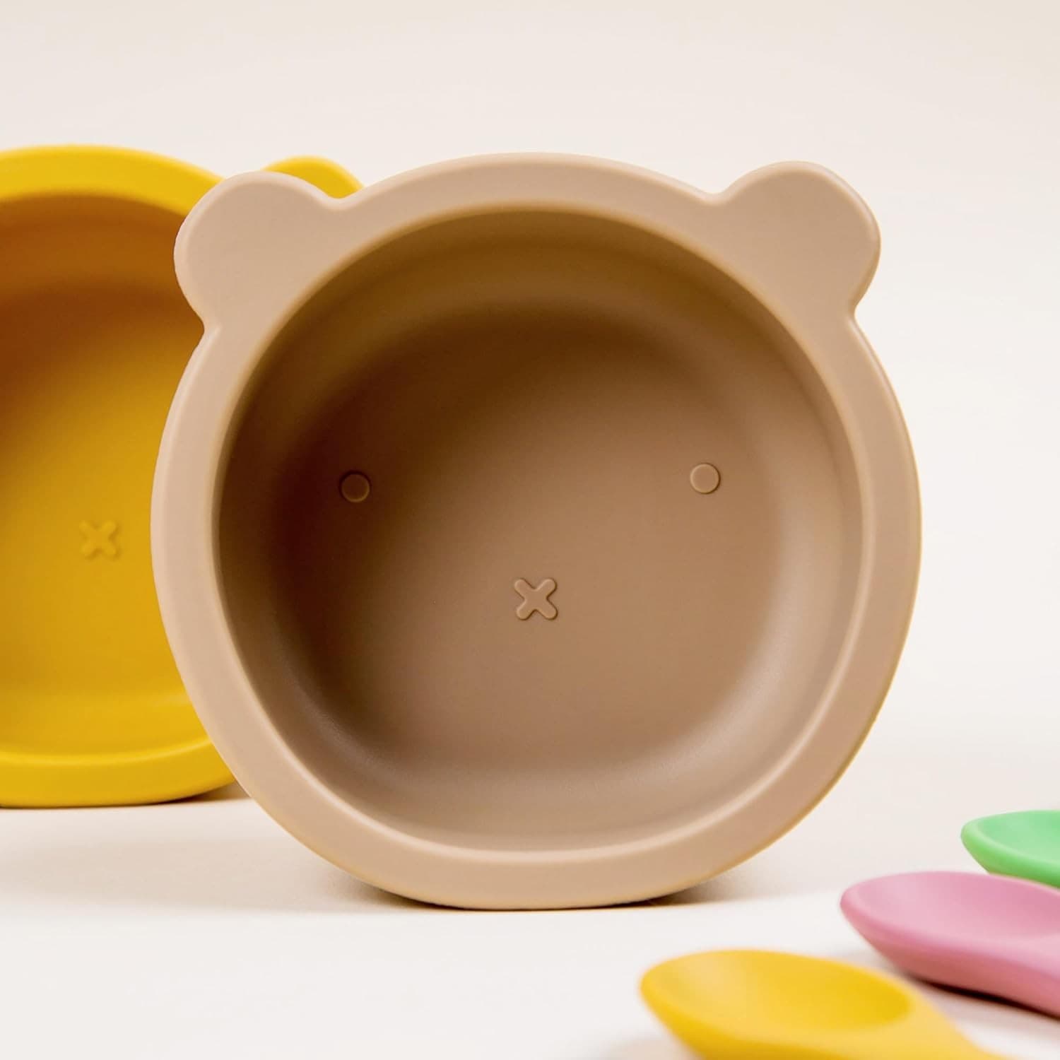 Silicone Baby Suction Bowl Spoon Set BPA Free Toddler Feeding Non Slip Taupe - Thumbnail 4