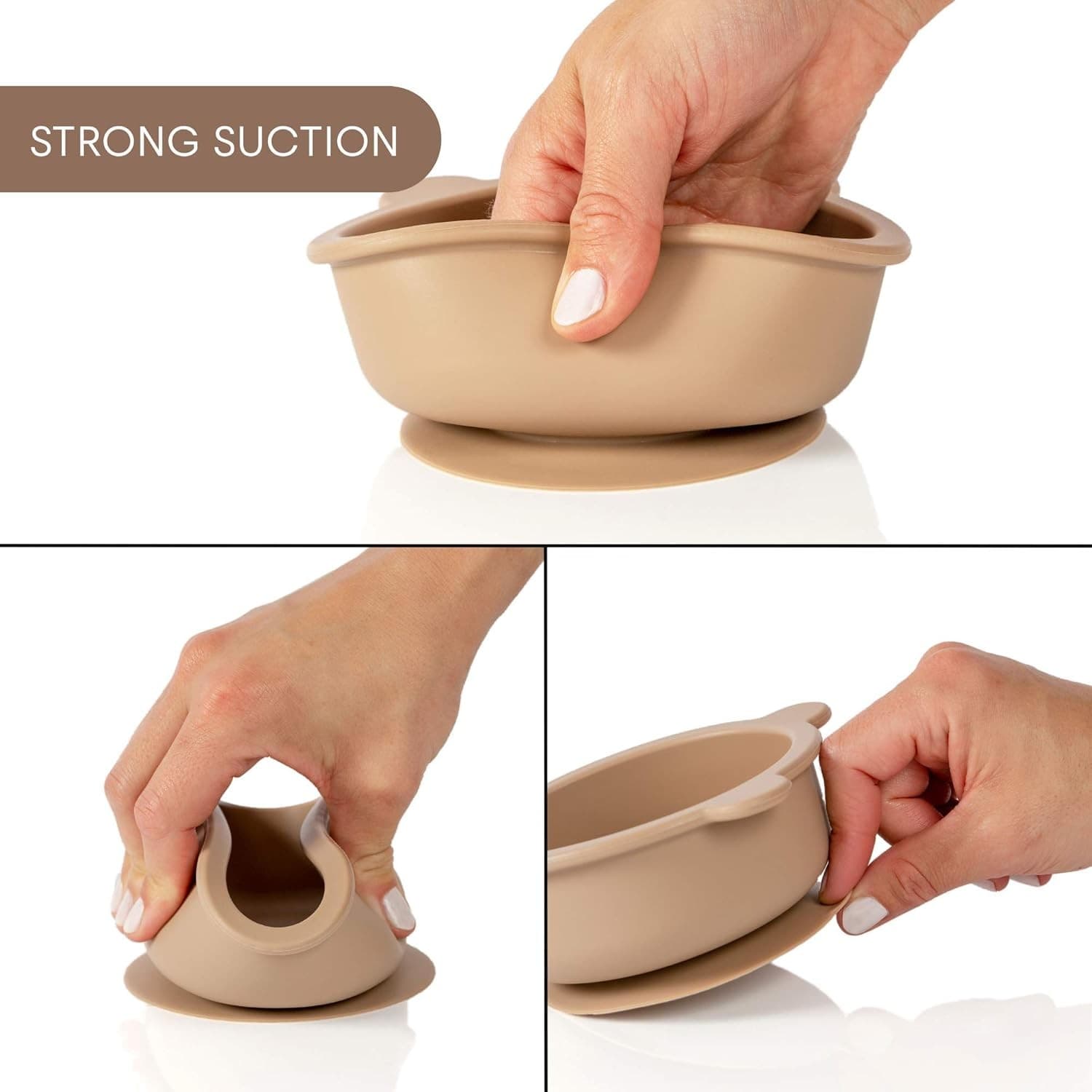 Silicone Baby Suction Bowl Spoon Set BPA Free Toddler Feeding Non Slip Taupe - Thumbnail 5