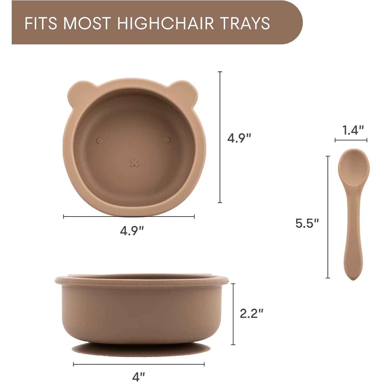 Silicone Baby Suction Bowl Spoon Set BPA Free Toddler Feeding Non Slip Taupe - Thumbnail 3