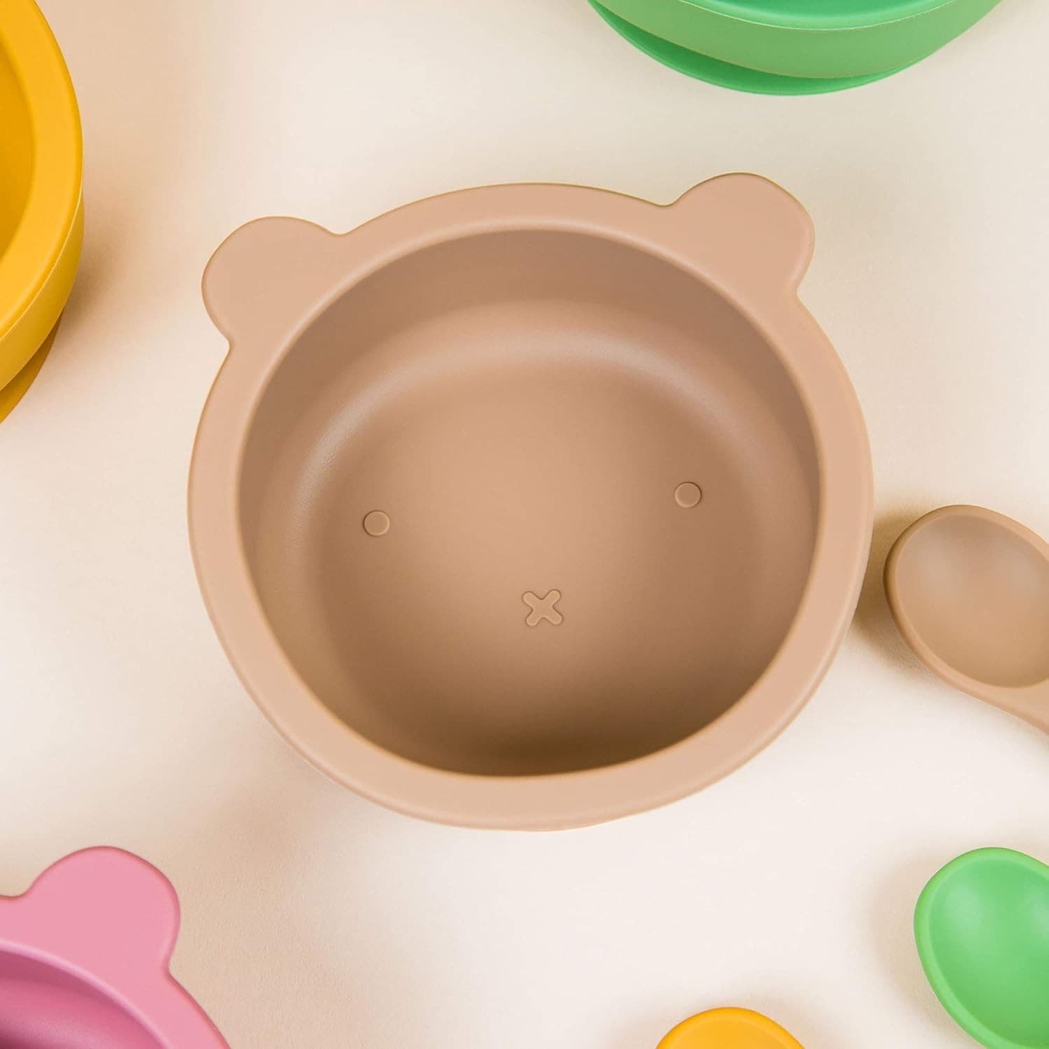 Silicone Baby Suction Bowl Spoon Set BPA Free Toddler Feeding Non Slip Taupe - Thumbnail 7
