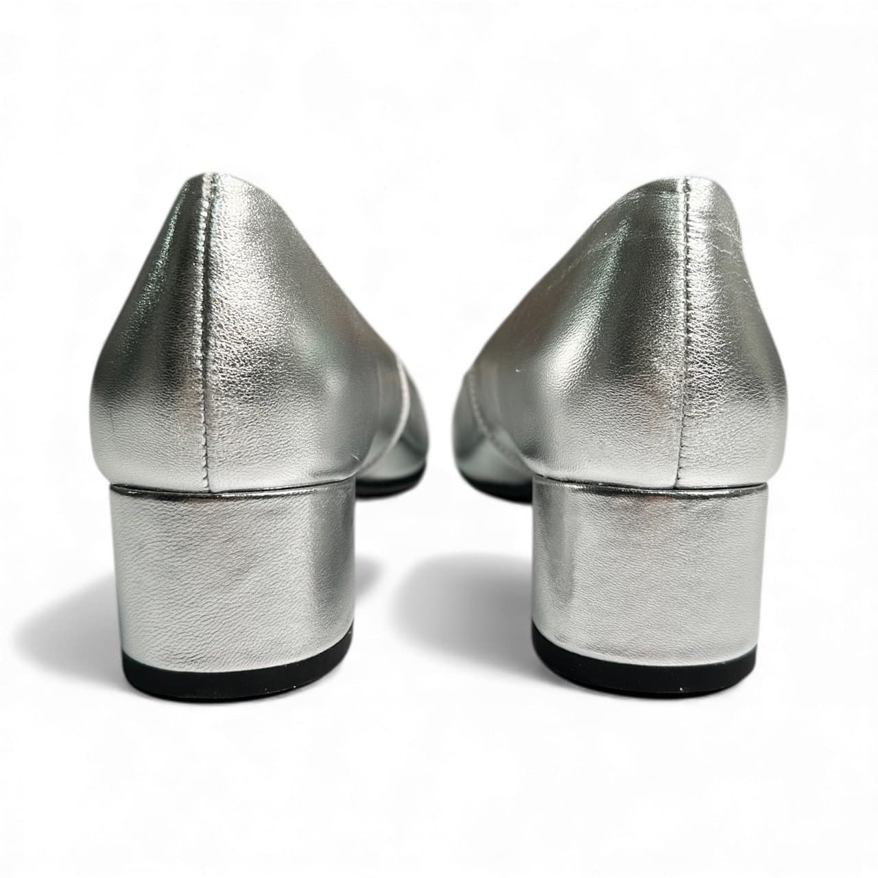 Women’s Silver Leather Pumps Square Toe Chunky Low Heel Comfort Size 9.5 - Thumbnail 7