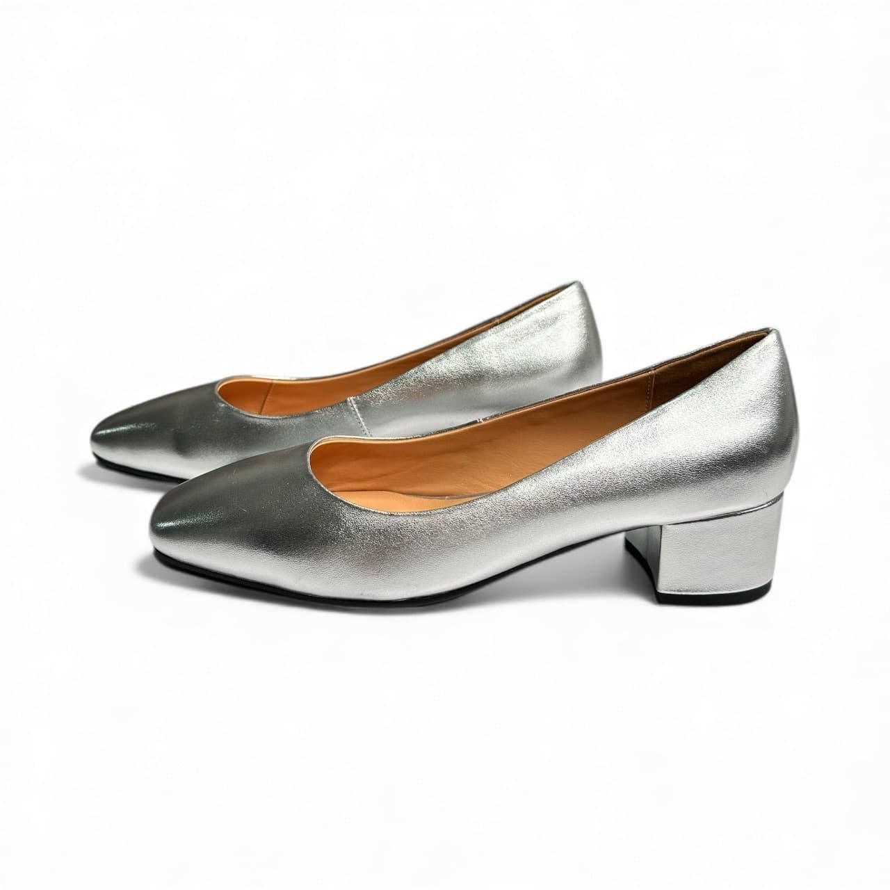 Women’s Silver Leather Pumps Square Toe Chunky Low Heel Comfort Size 9.5 - Thumbnail 6