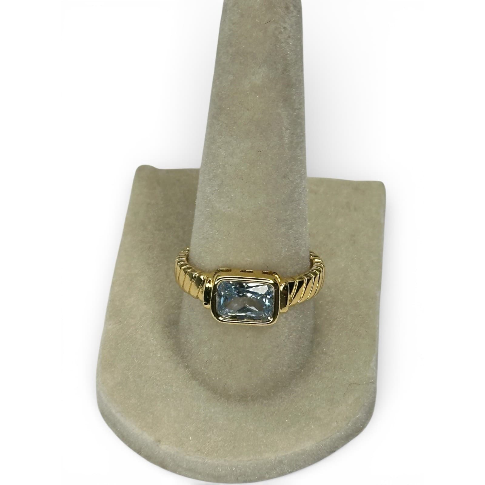 Vintage Gold Birthstone Ring March Aquamarine CZ Chunky Signet Band Size 8 - Thumbnail 8