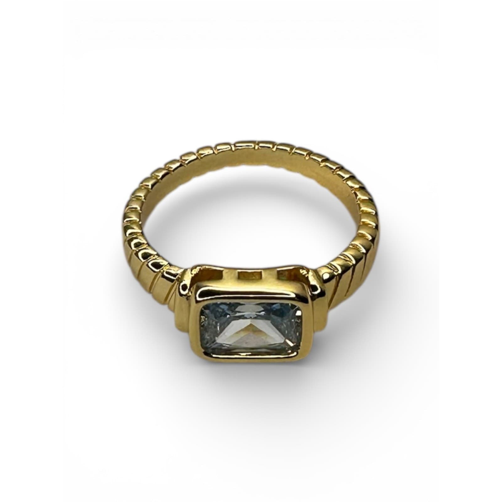 Vintage Gold Birthstone Ring March Aquamarine CZ Chunky Signet Band Size 8 - Thumbnail 7