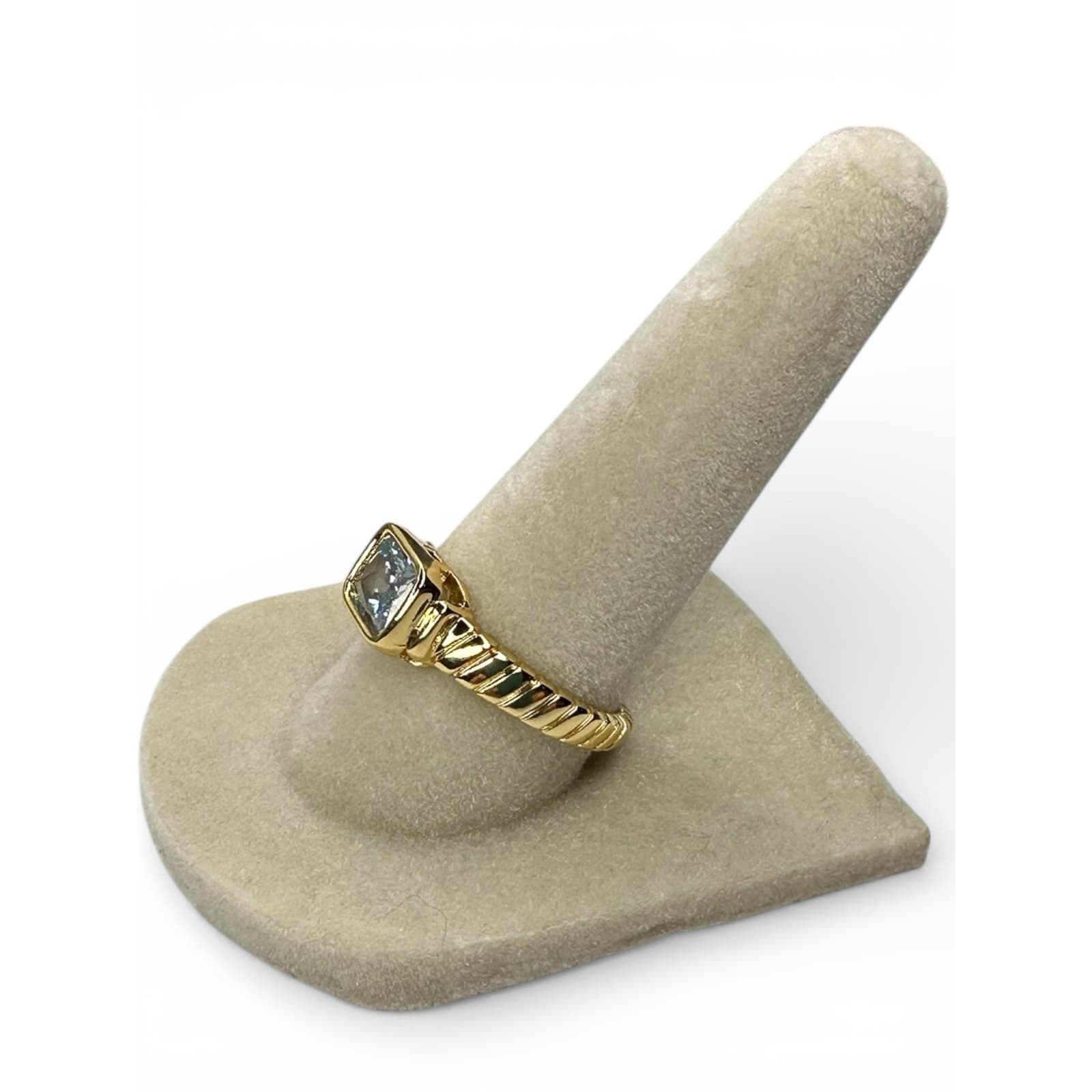Vintage Gold Birthstone Ring March Aquamarine CZ Chunky Signet Band Size 8 - Thumbnail 6