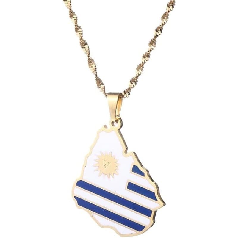 Uruguay Map Flag Pendant Necklace Gold Stainless Steel Unisex Gift Jewelry - Thumbnail 2