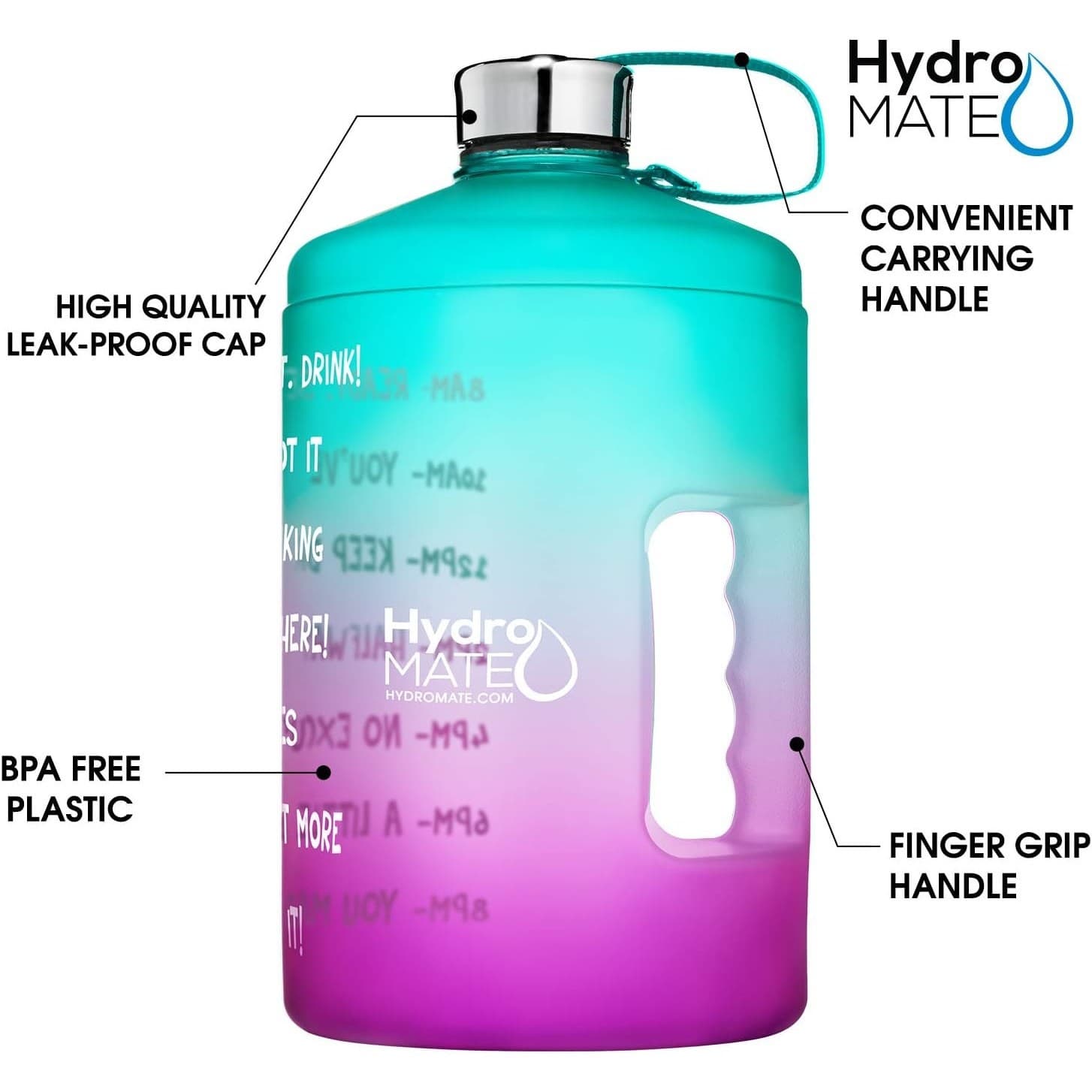 HydroMATE 1/2 Gallon Water Bottle 73oz BPA Free Leak Proof w Time Markings - Thumbnail 3