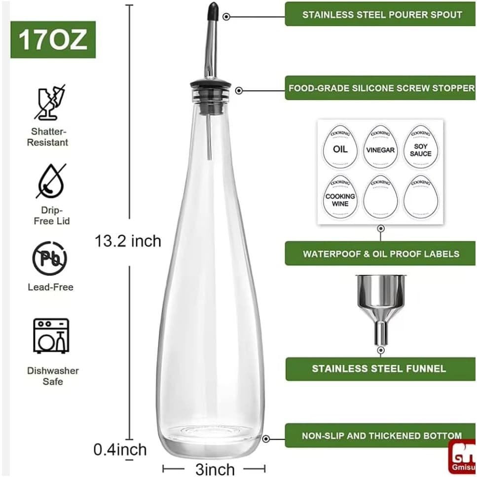 Oil & Vinegar Dispenser Set 2-Pack 500ml Glass Bottles w/ Pourer & Labels - Thumbnail 2