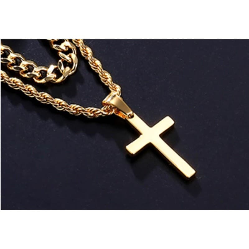 18K Gold Plated Layered Cross Necklace for Men | 18" & 20" Chains | Unisex - Thumbnail 2