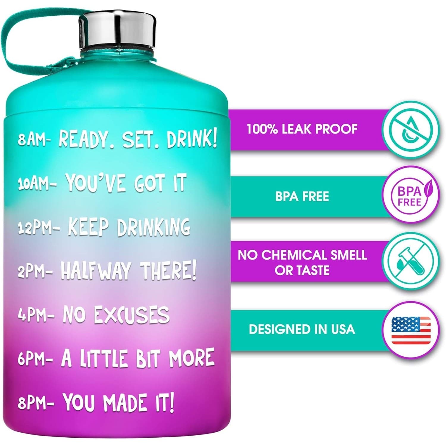 HydroMATE 1/2 Gallon Water Bottle 73oz BPA Free Leak Proof w Time Markings - Thumbnail 2