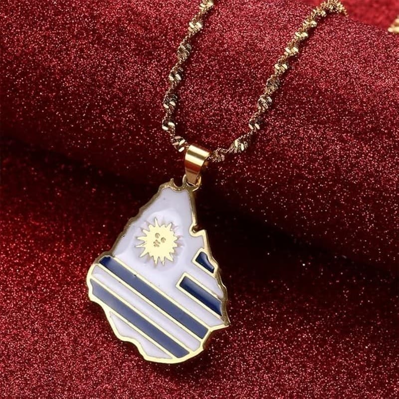 Uruguay Map Flag Pendant Necklace Gold Stainless Steel Unisex Gift Jewelry - Thumbnail 3
