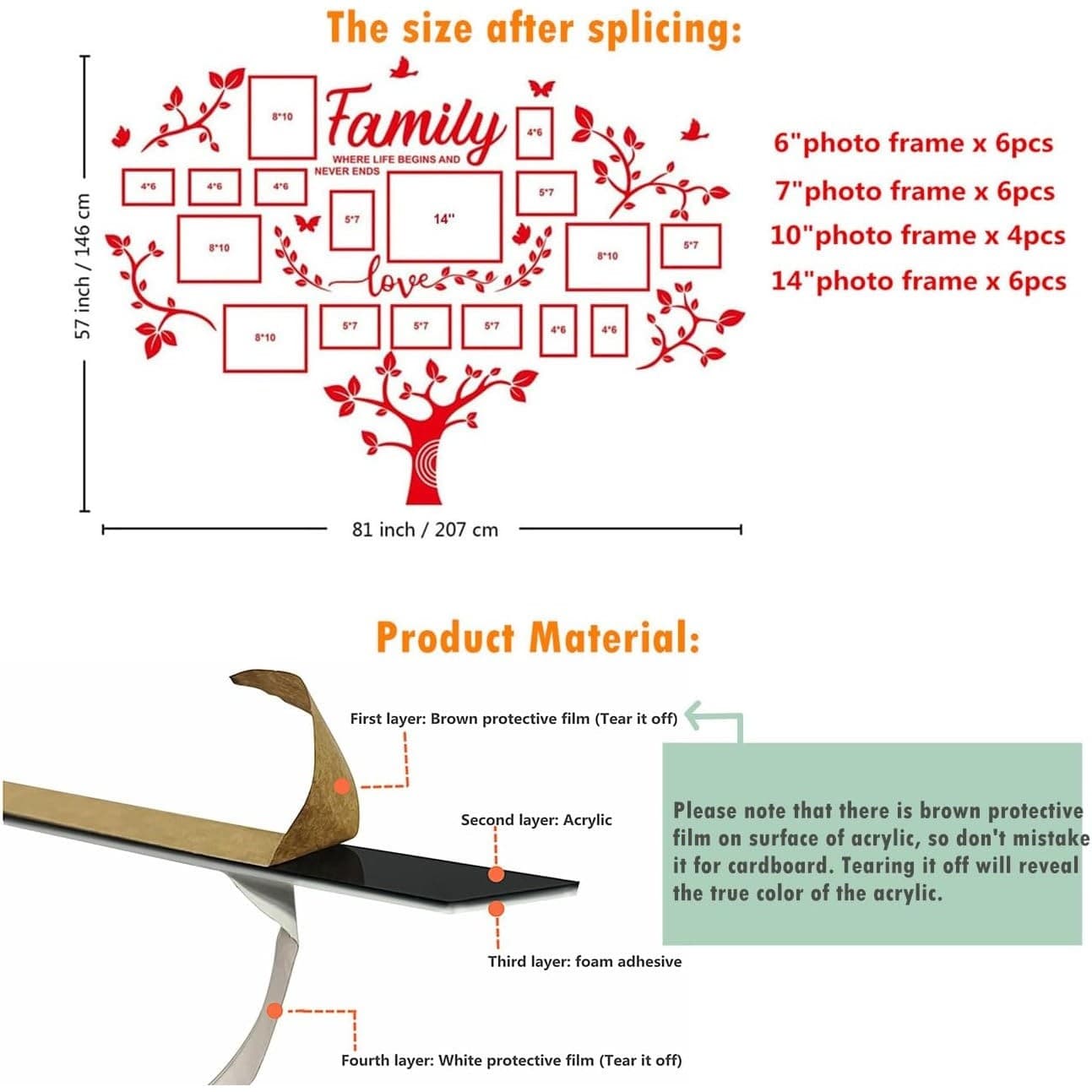 DIY 3D Family Tree Wall Decor Acrylic Photo Frames Collage Living Room Decor - Thumbnail 3