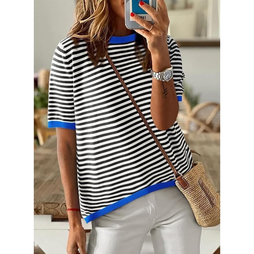 Womens Striped Knit Top Blue Trim Short Sleeve Casual Blouse 2XL Stretch - Thumbnail 2