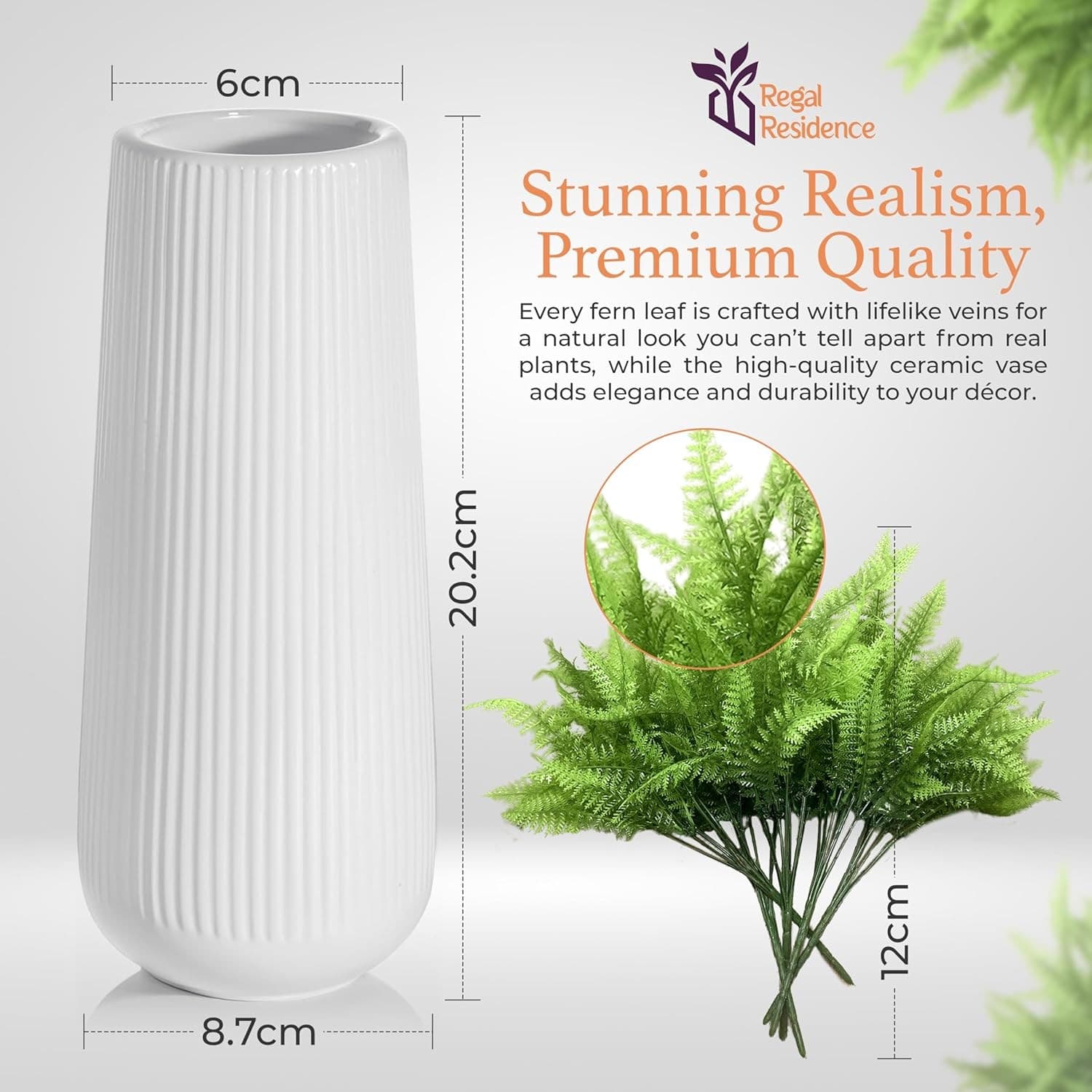 White Ceramic Vase w/ Artificial Fern Stems Set Modern Ribbed Home Decor - Thumbnail 4