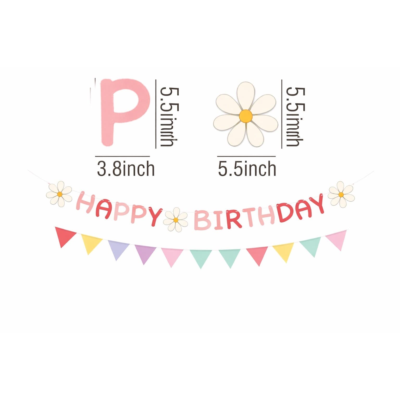 Happy Birthday Banner Daisy Pink Pastel Party Decoration Floral Garland Set - Thumbnail 2