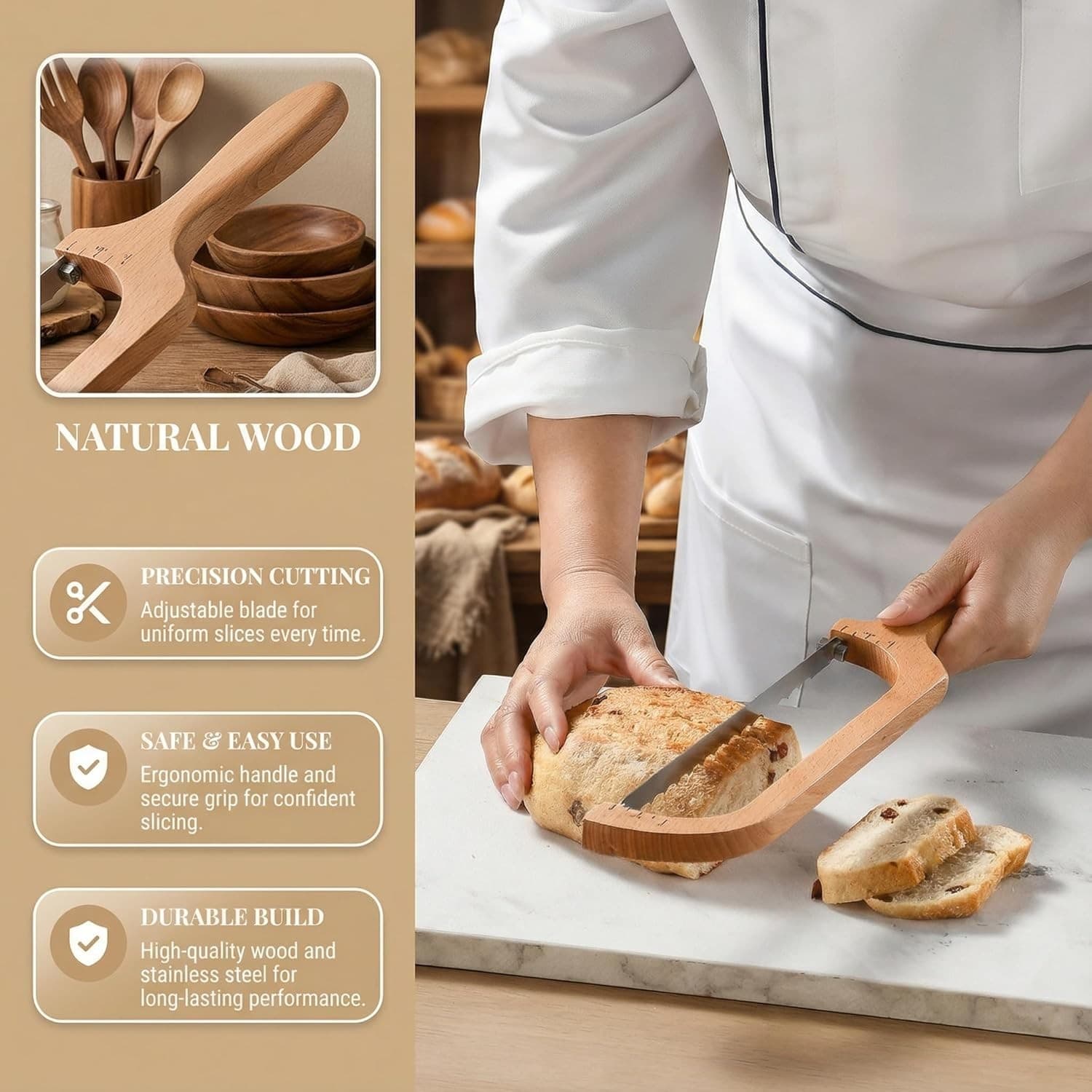 360 Rotating Wooden Bread Knife Serrated Bow Slicer Left Right Handed Beechwood - Thumbnail 4