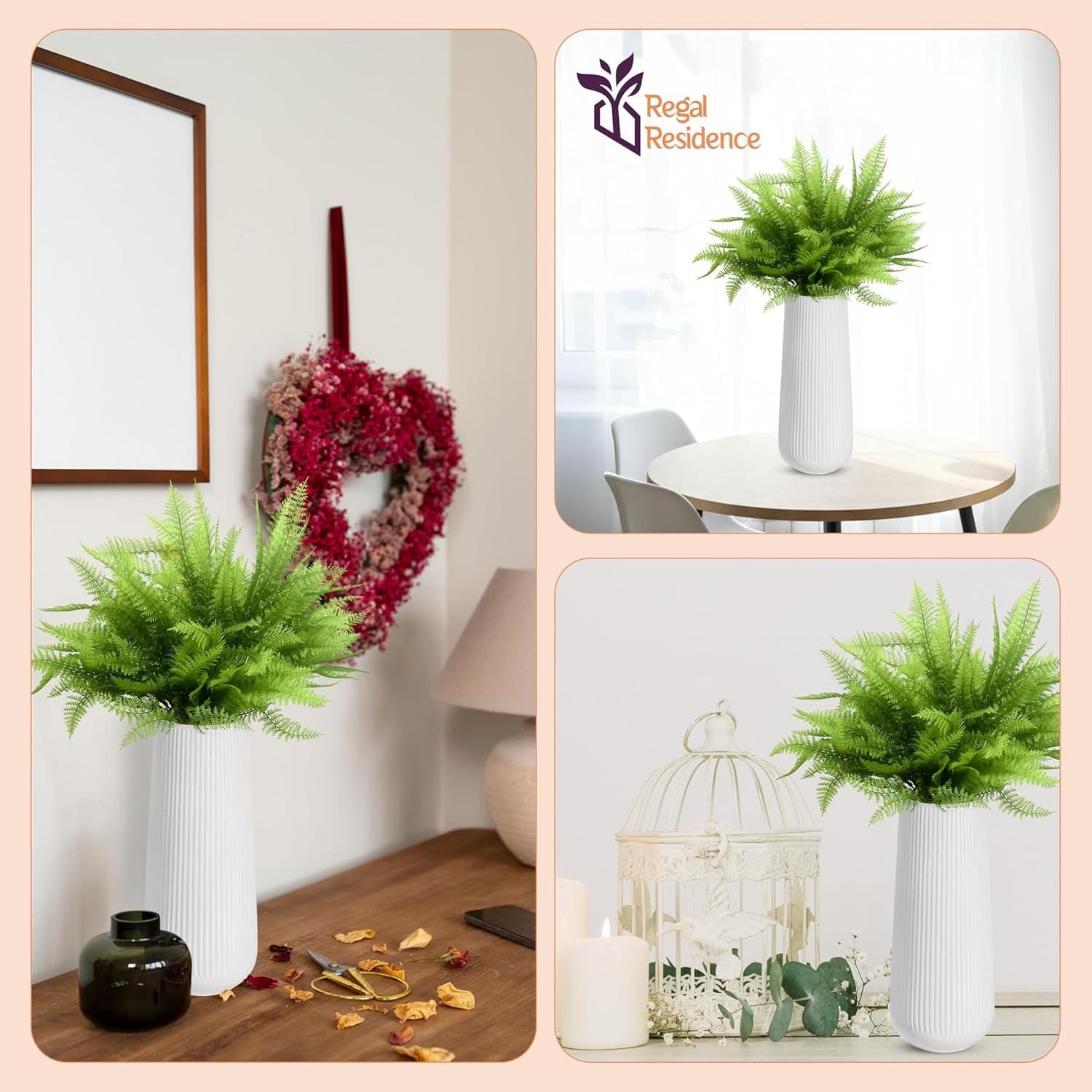 White Ceramic Vase w/ Artificial Fern Stems Set Modern Ribbed Home Decor - Thumbnail 5