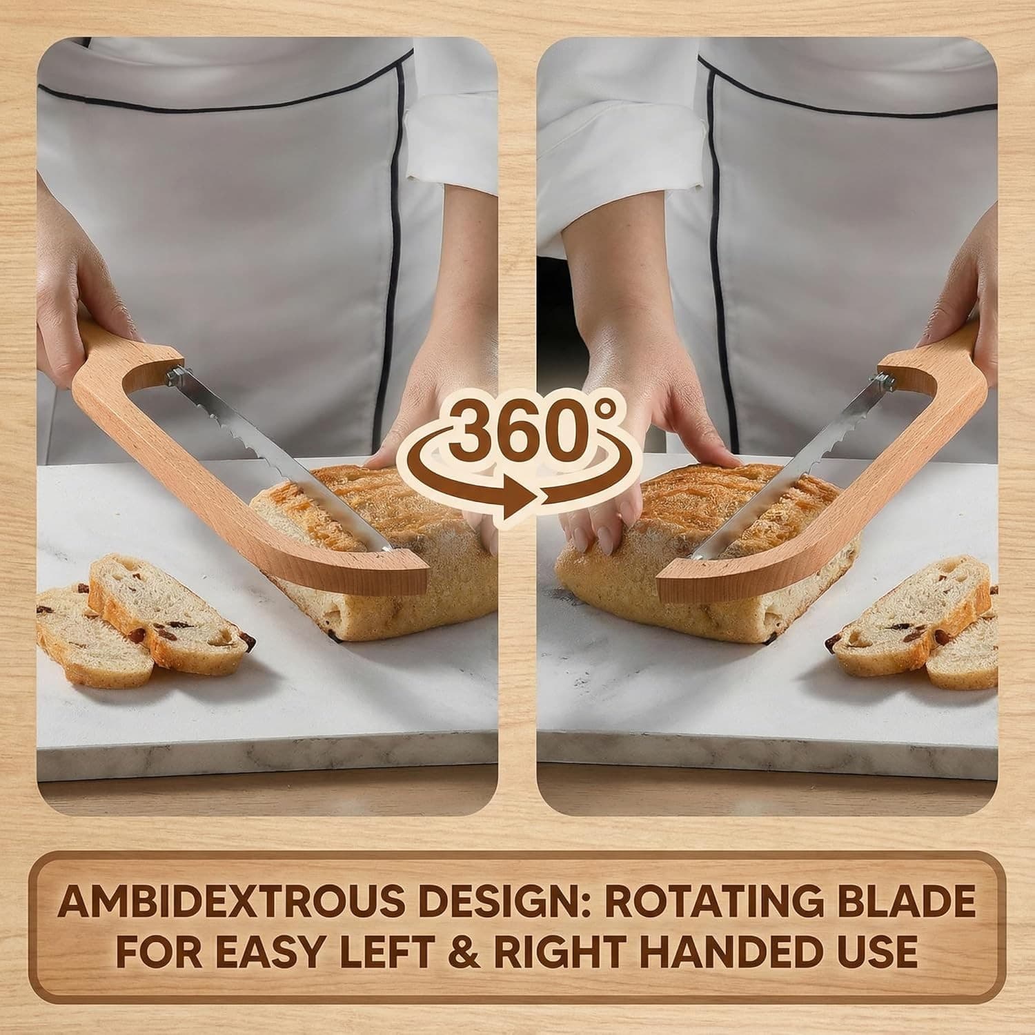 360 Rotating Wooden Bread Knife Serrated Bow Slicer Left Right Handed Beechwood - Thumbnail 7