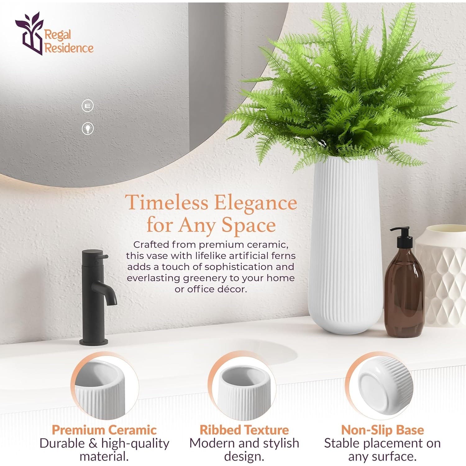 White Ceramic Vase w/ Artificial Fern Stems Set Modern Ribbed Home Decor - Thumbnail 3
