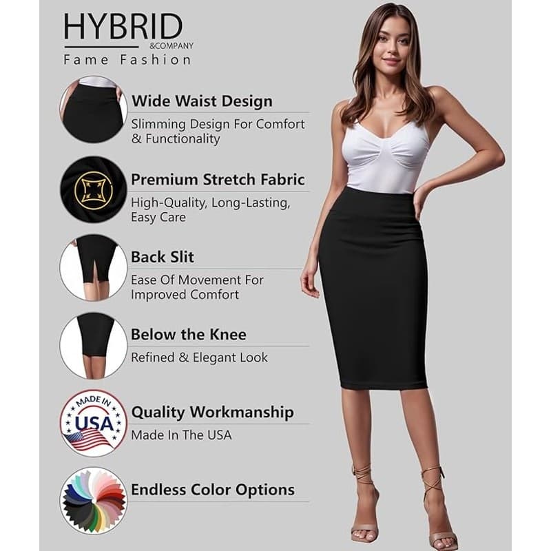 Hybrid & Company Women High Waist Ponte Pencil Skirt Below Knee Stretch Black 1X - Thumbnail 5