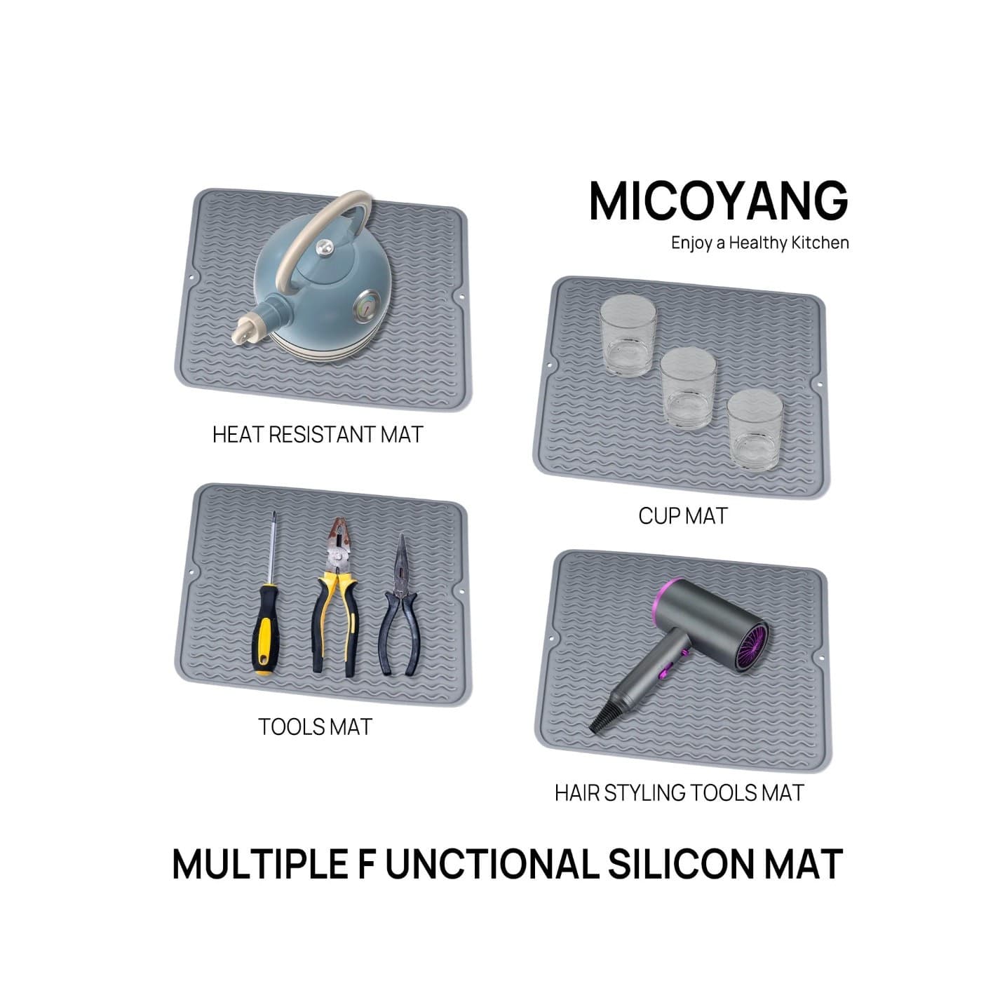 Silicone Dish Drying Mat Gray Heat Resistant Kitchen Counter Mat BPA Free - Thumbnail 2