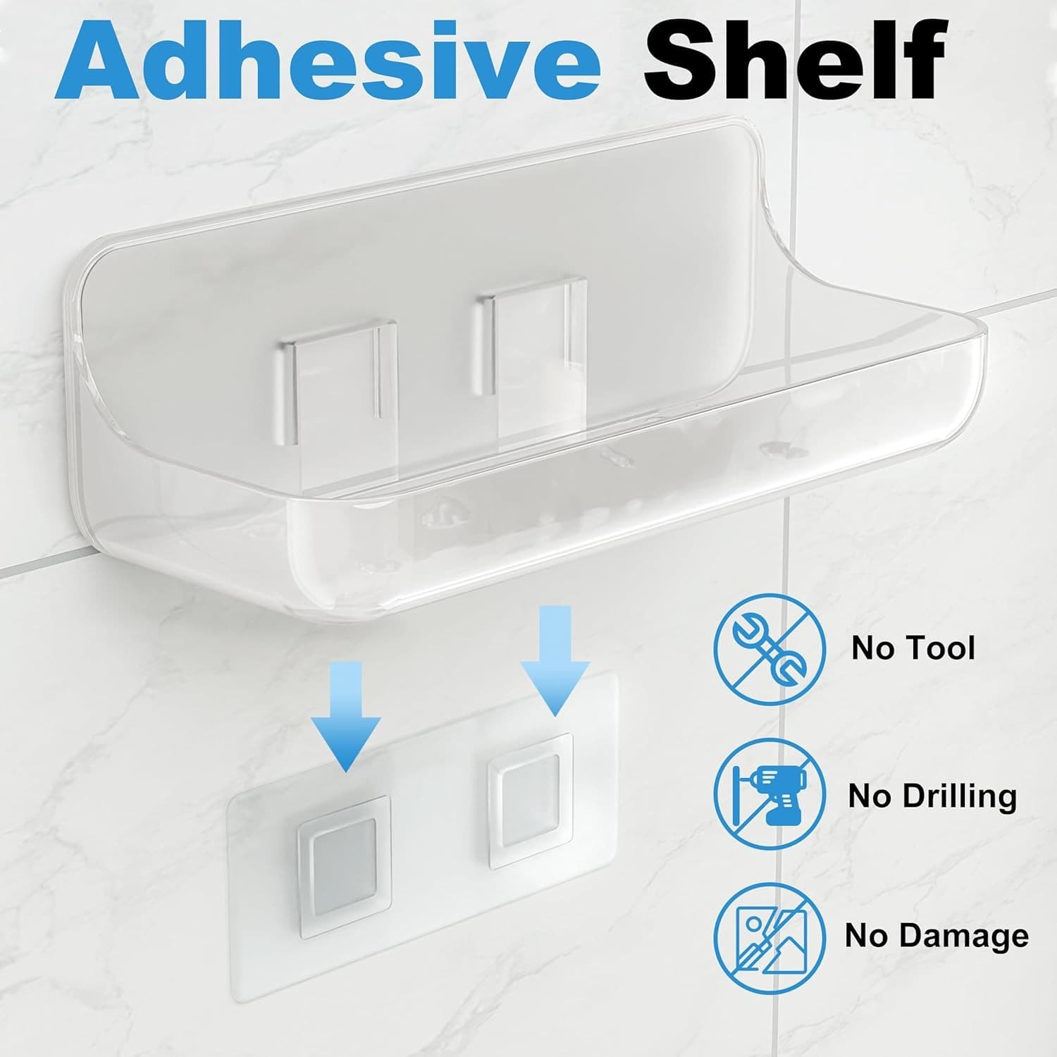 Adhesive Shower Caddy 4 Pack Acrylic Bathroom Shelves No Drill Wall Mount - Thumbnail 2