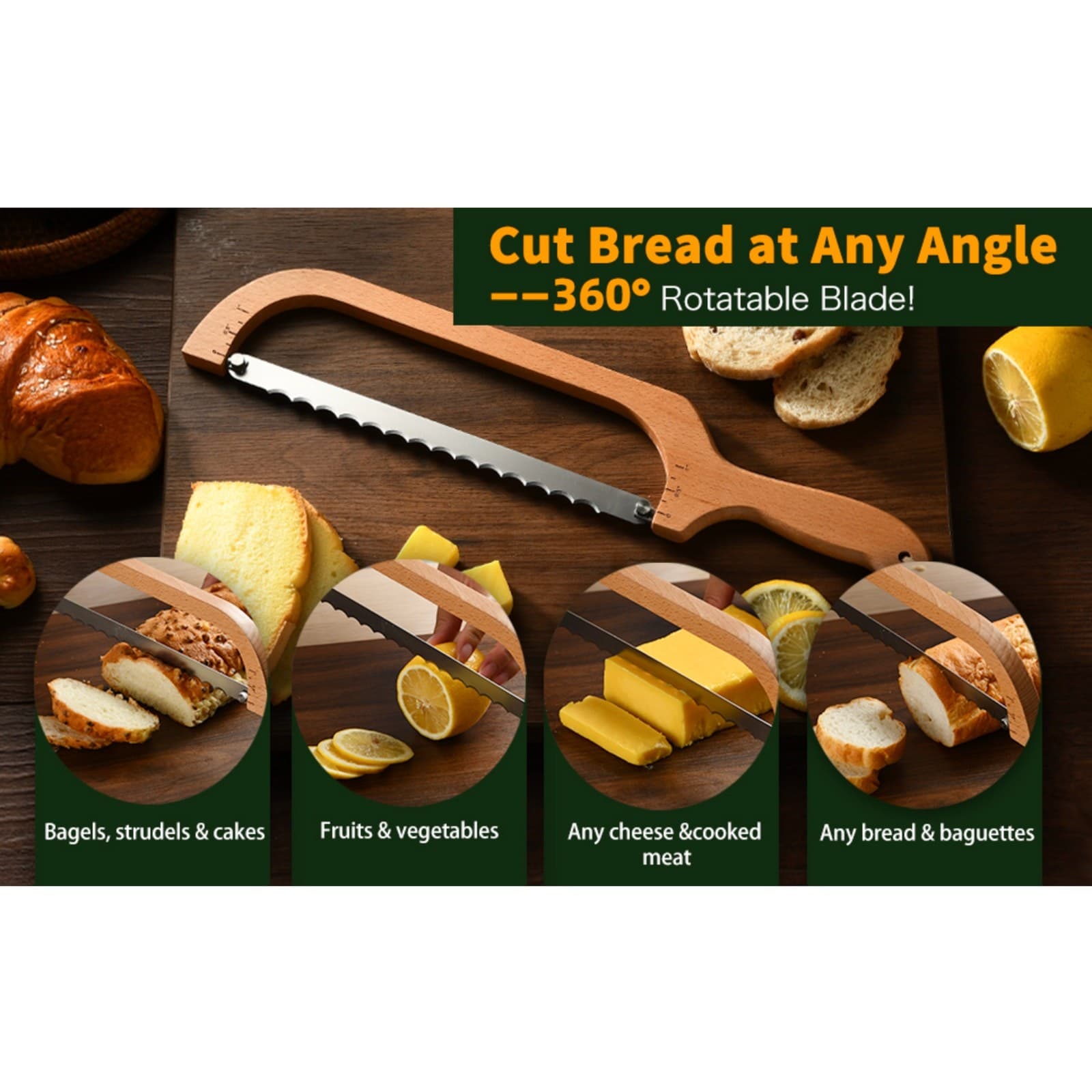 360 Rotating Wooden Bread Knife Serrated Bow Slicer Left Right Handed Beechwood - Thumbnail 11