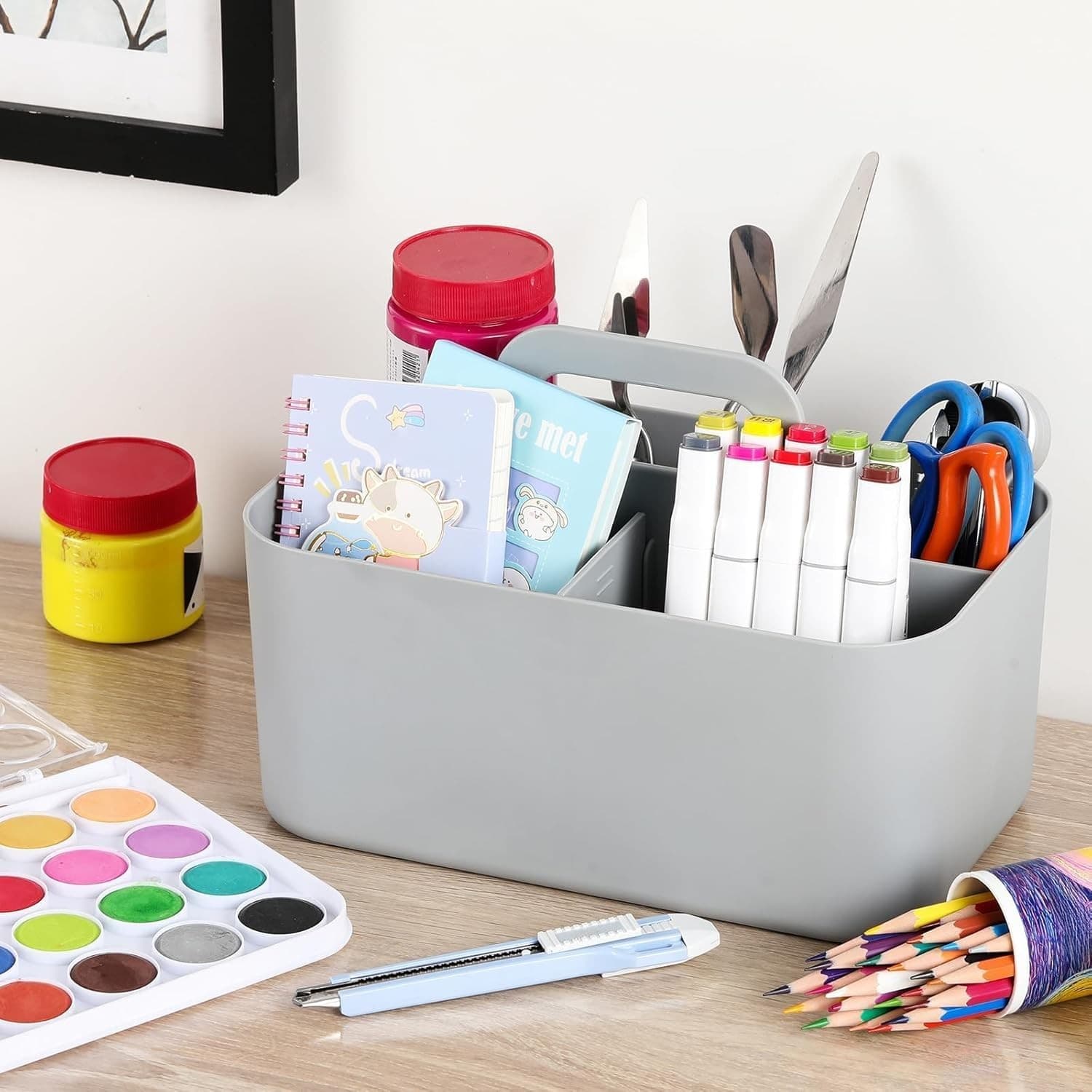 Portable Organizer Caddy with Handle Divided Storage Bin Desk Bathroom Grey - Thumbnail 7