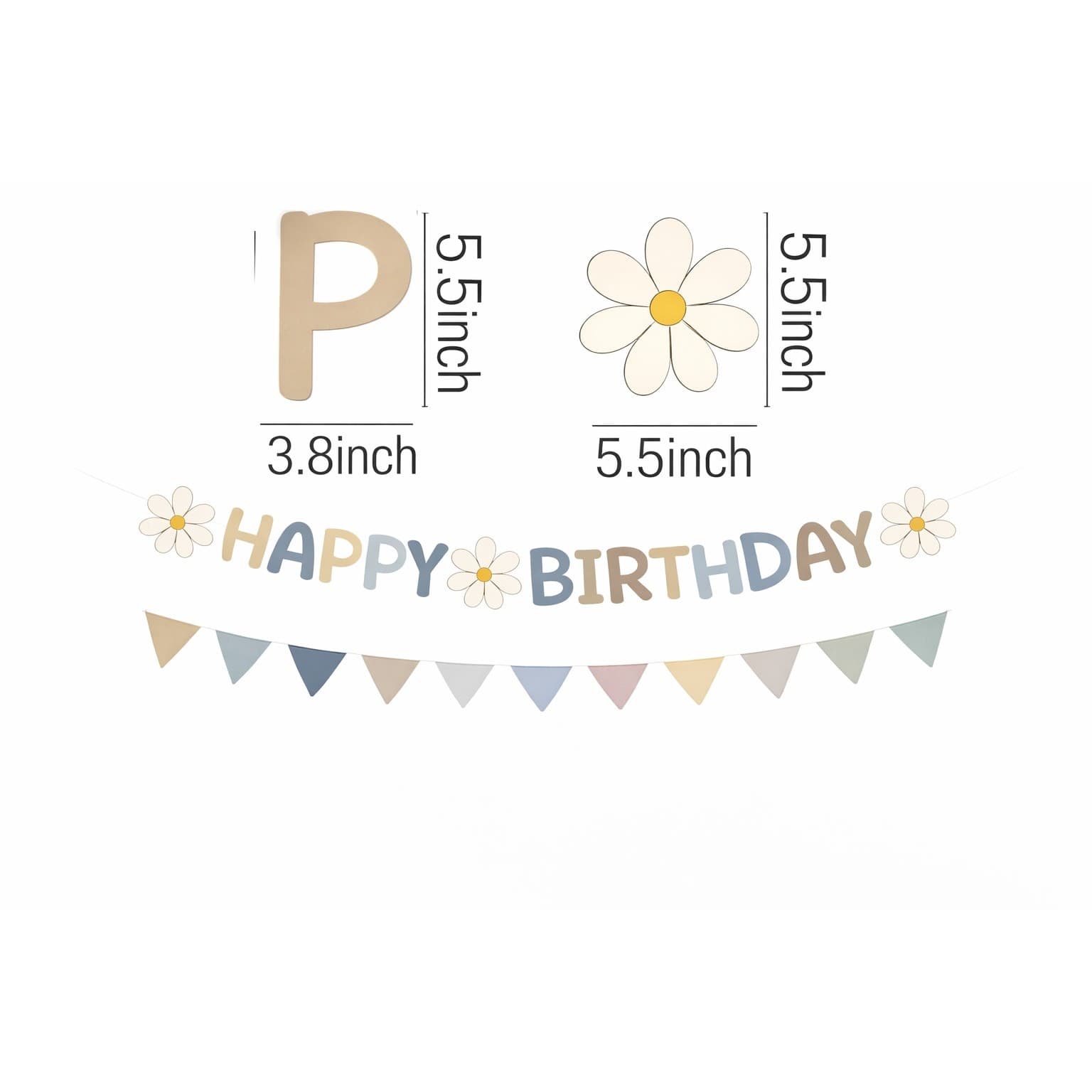 Happy Birthday Banner Daisy Floral Neutral Boho Birthday Party Decoration Set - Thumbnail 2