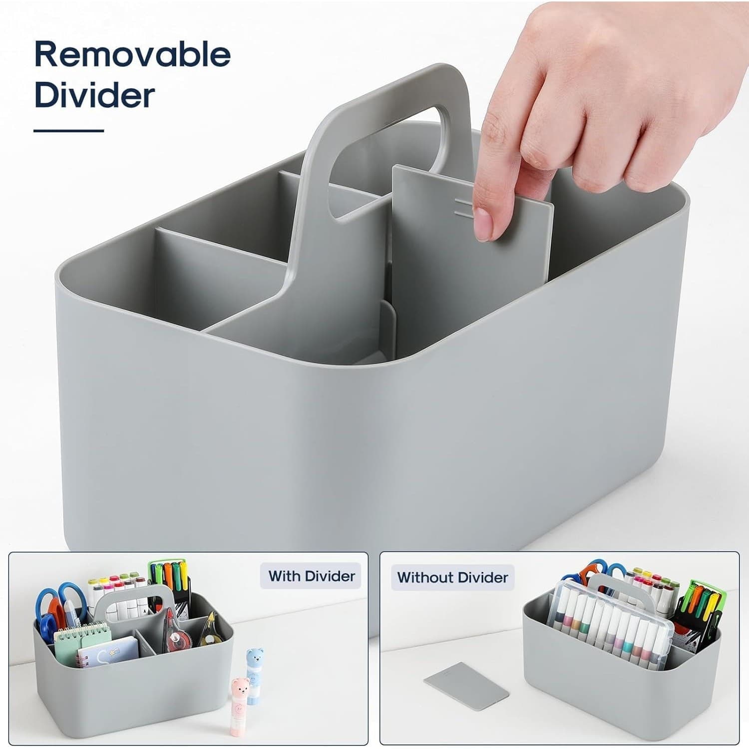 Portable Organizer Caddy with Handle Divided Storage Bin Desk Bathroom Grey - Thumbnail 3