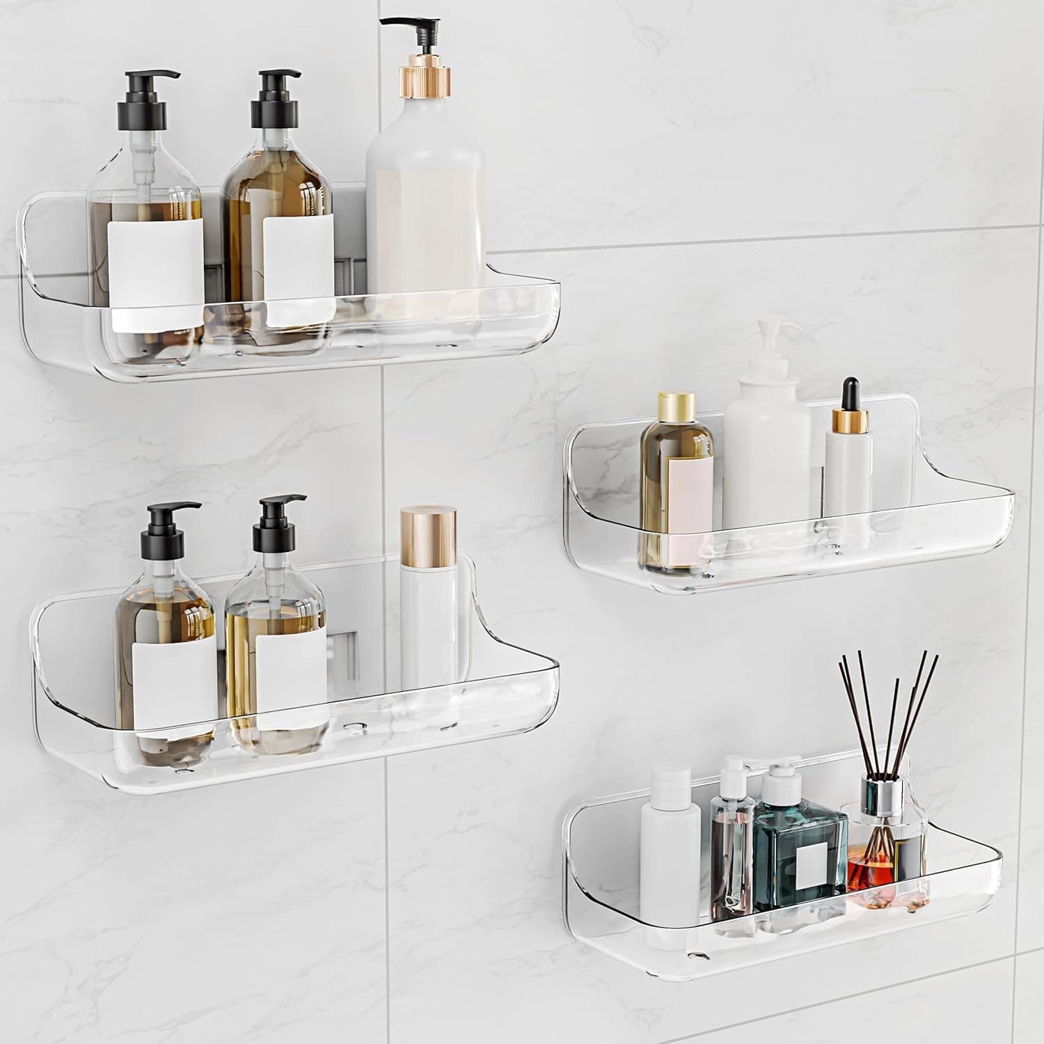 Adhesive Shower Caddy 4 Pack Acrylic Bathroom Shelves No Drill Wall Mount - Thumbnail 8