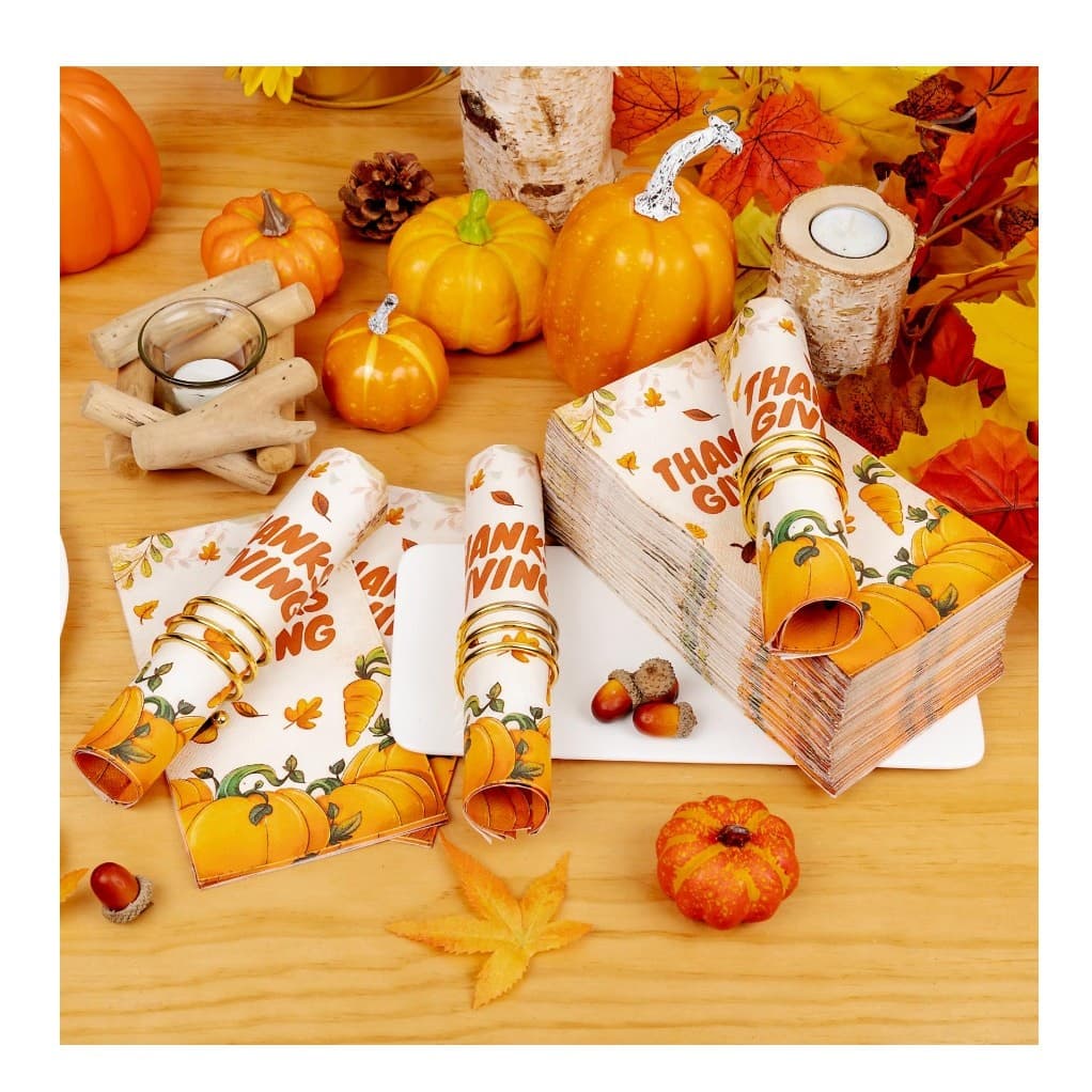 100 Thanksgiving Paper Napkins Pumpkin Fall Party Table Decor Disposable - Thumbnail 2