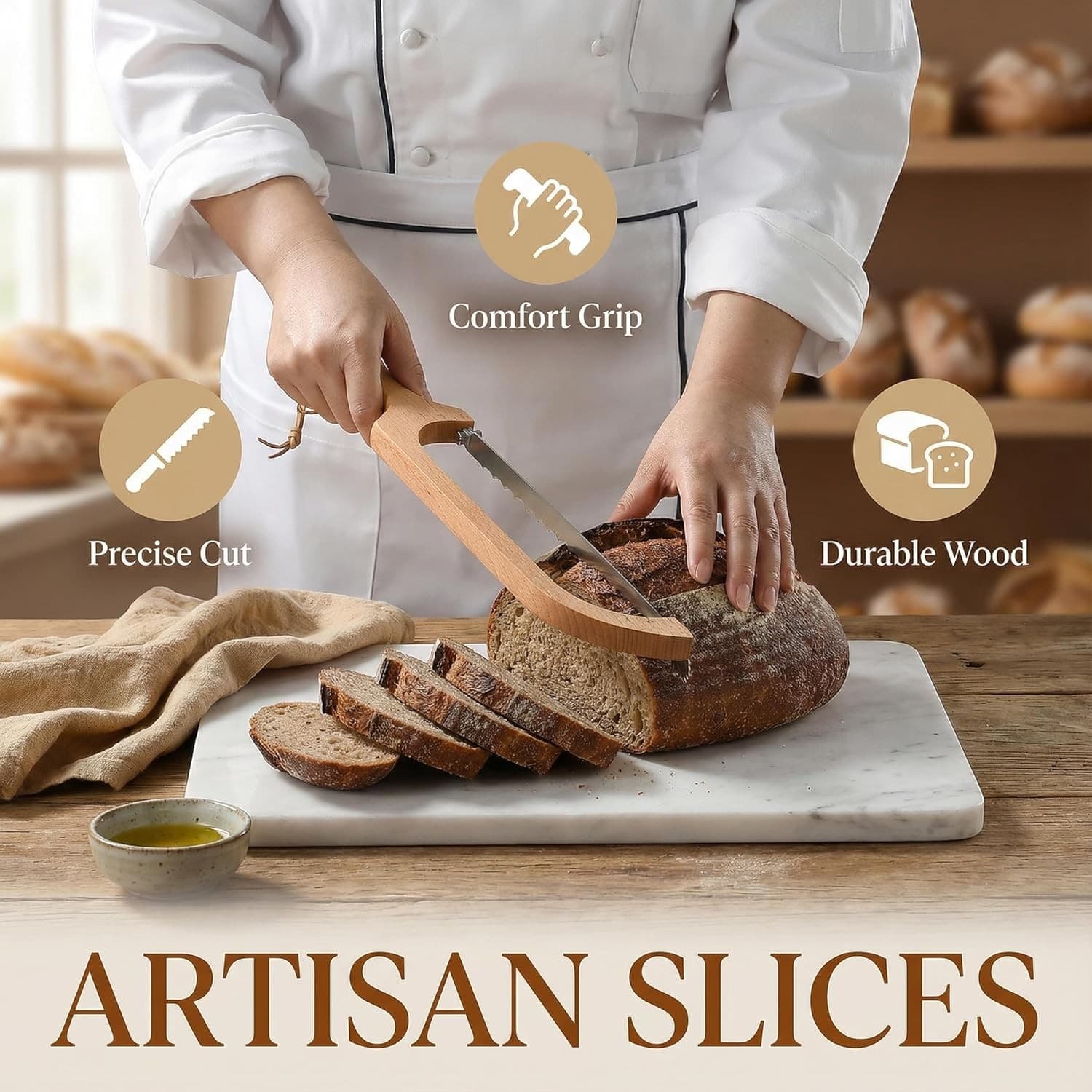 360 Rotating Wooden Bread Knife Serrated Bow Slicer Left Right Handed Beechwood - Thumbnail 5
