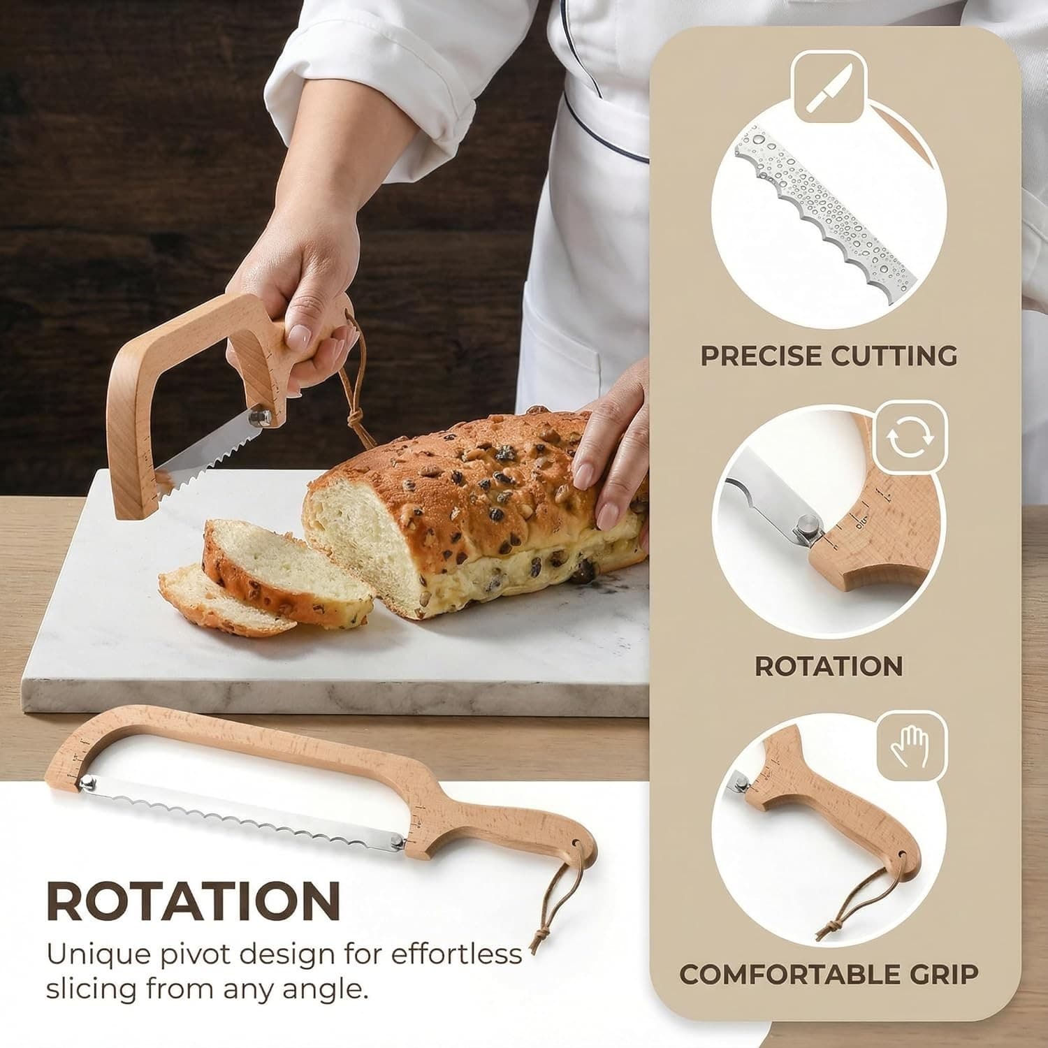 360 Rotating Wooden Bread Knife Serrated Bow Slicer Left Right Handed Beechwood - Thumbnail 2