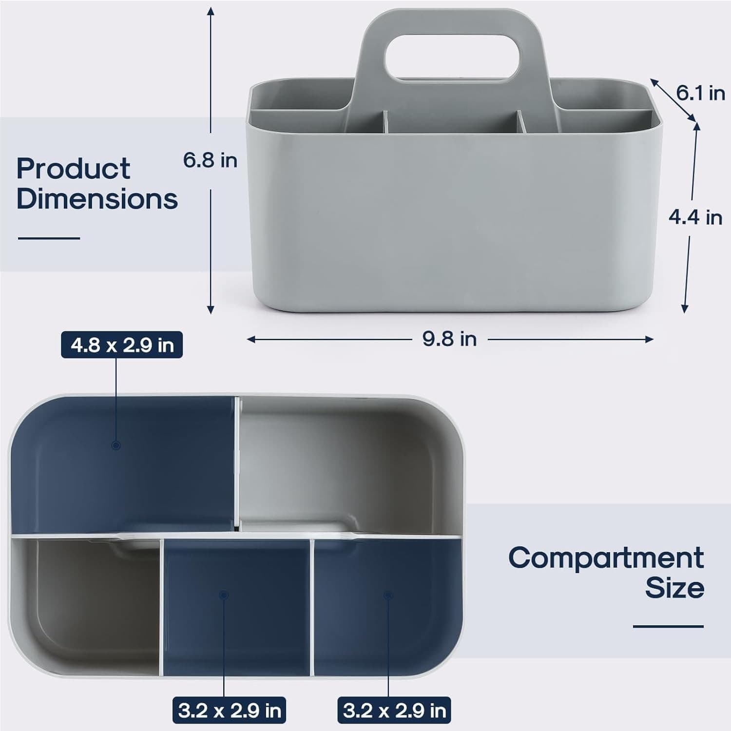 Portable Organizer Caddy with Handle Divided Storage Bin Desk Bathroom Grey - Thumbnail 6