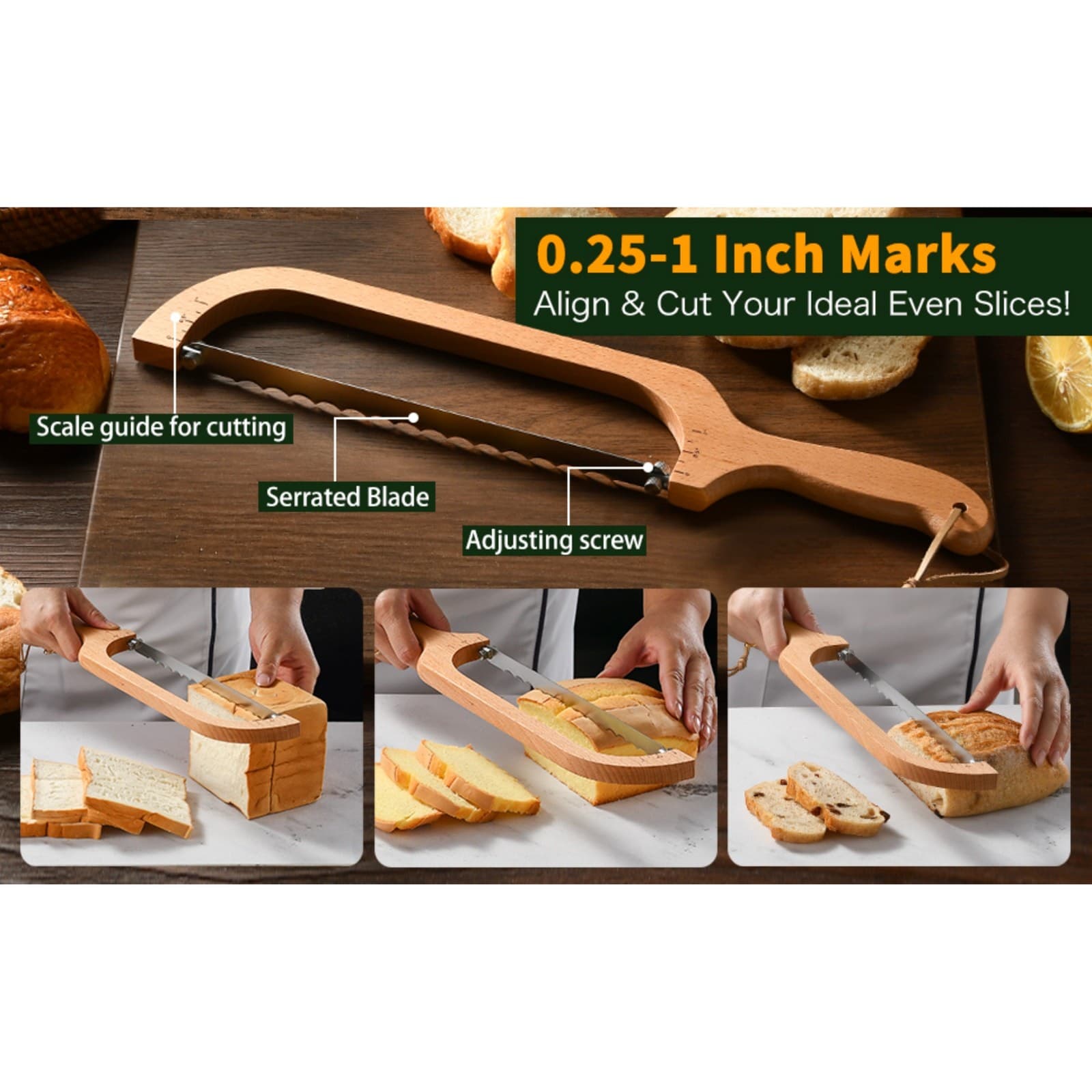 360 Rotating Wooden Bread Knife Serrated Bow Slicer Left Right Handed Beechwood - Thumbnail 10