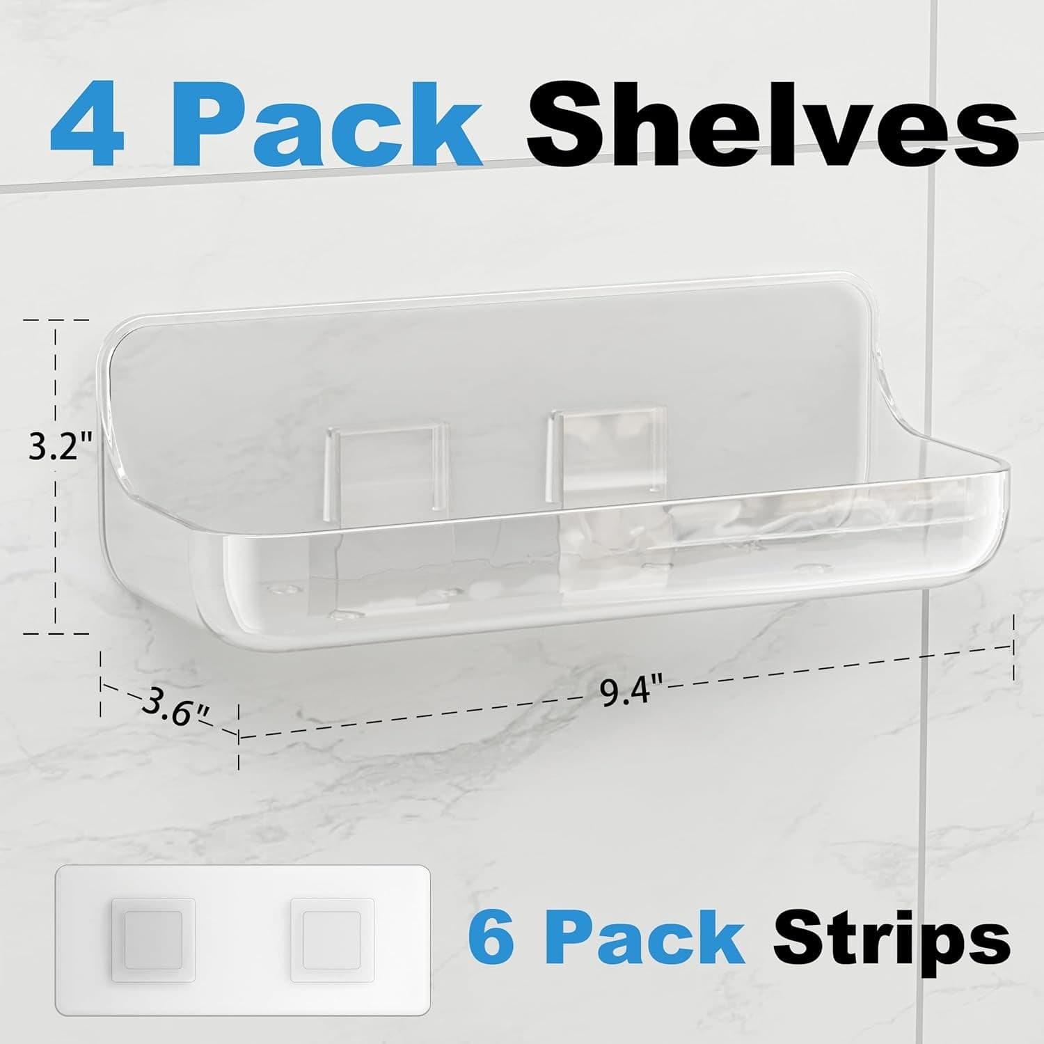 Adhesive Shower Caddy 4 Pack Acrylic Bathroom Shelves No Drill Wall Mount - Thumbnail 4