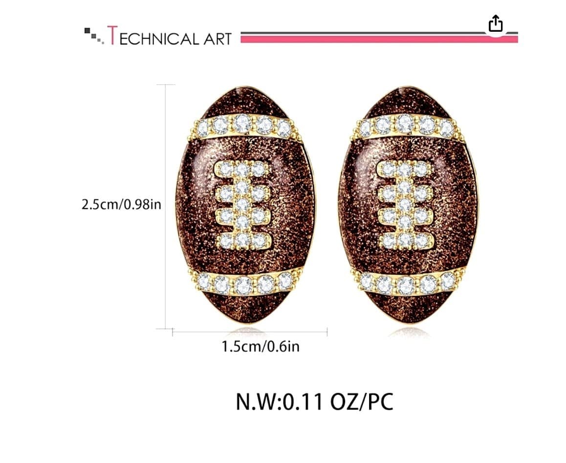 Football Rhinestone Stud Earrings Brown Sports Fan Game Day Jewelry Gift Women - Thumbnail 5