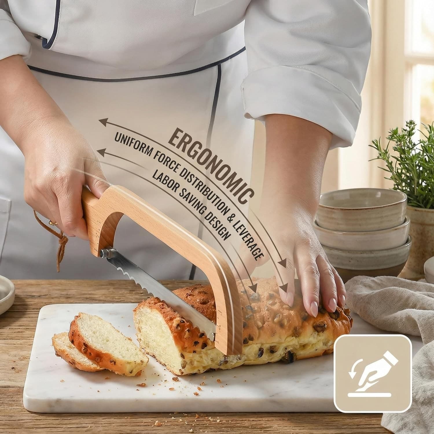 360 Rotating Wooden Bread Knife Serrated Bow Slicer Left Right Handed Beechwood - Thumbnail 8