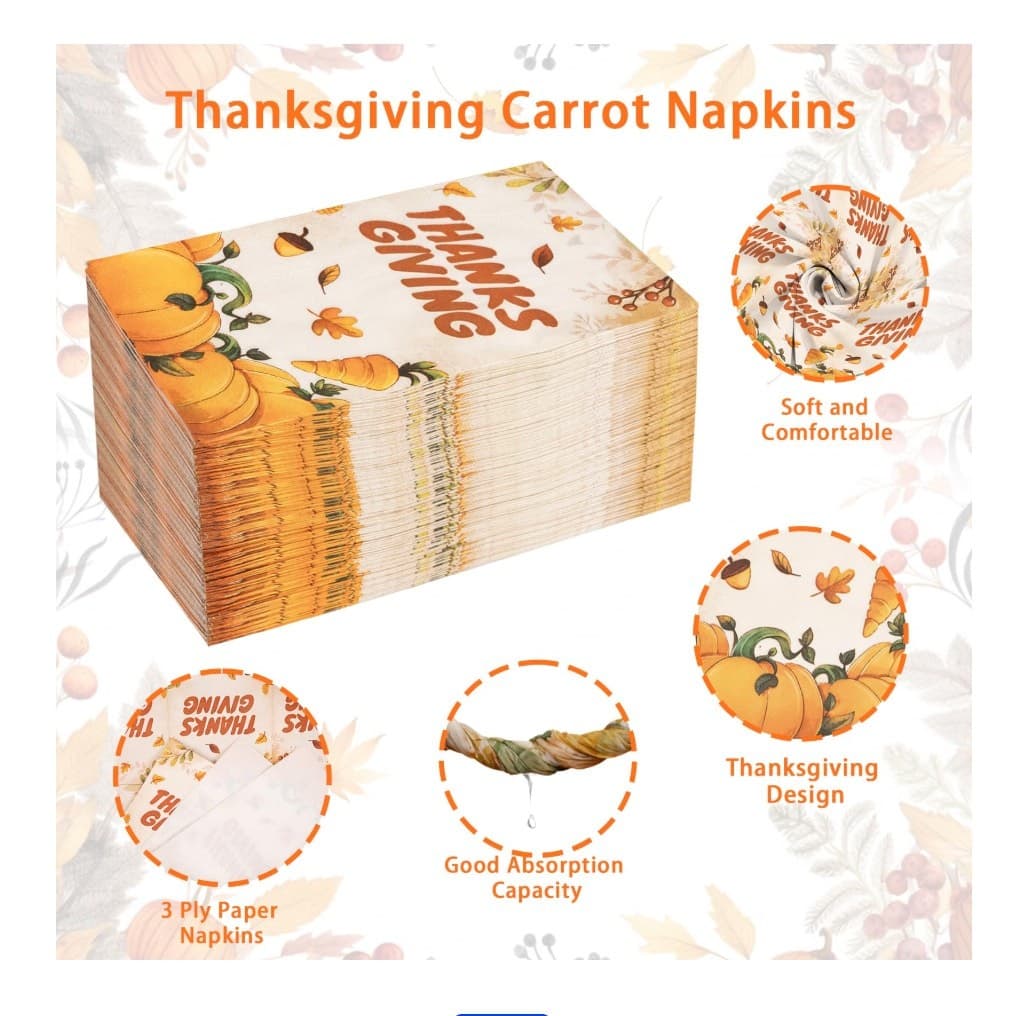 100 Thanksgiving Paper Napkins Pumpkin Fall Party Table Decor Disposable - Thumbnail 3