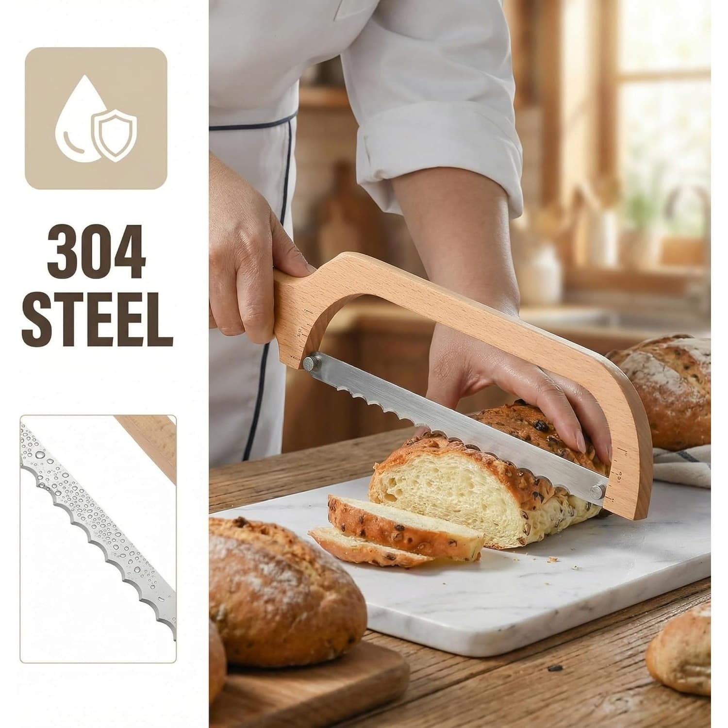 360 Rotating Wooden Bread Knife Serrated Bow Slicer Left Right Handed Beechwood - Thumbnail 3
