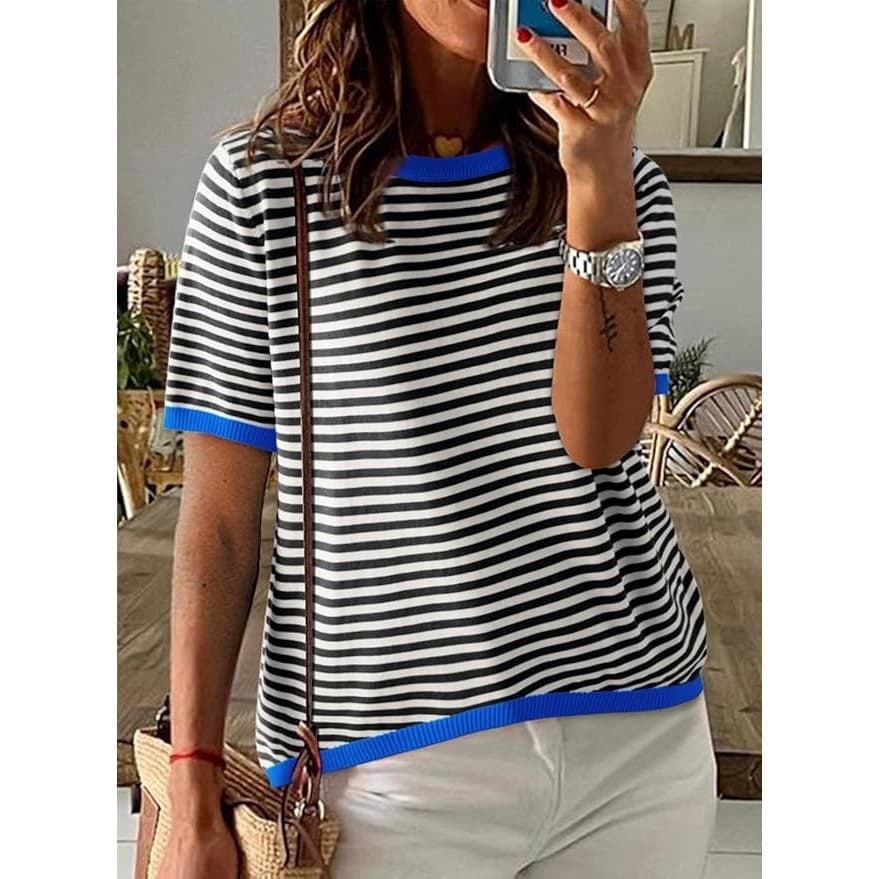 Womens Striped Knit Top Blue Trim Short Sleeve Casual Blouse 2XL Stretch - Thumbnail 4