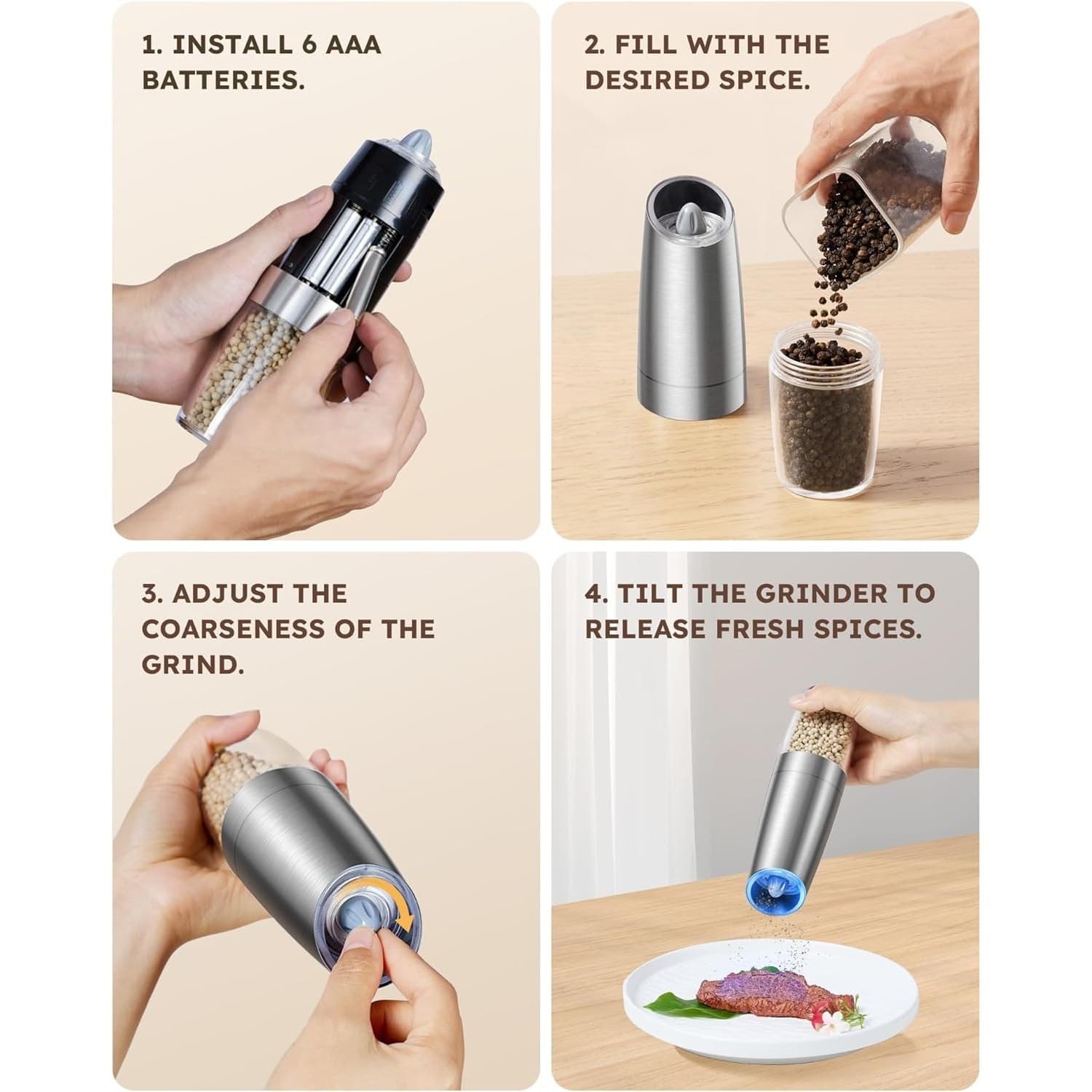 Electric Salt Pepper Grinder Set Gravity LED Adjustable Ceramic 6.5oz Large - Thumbnail 4