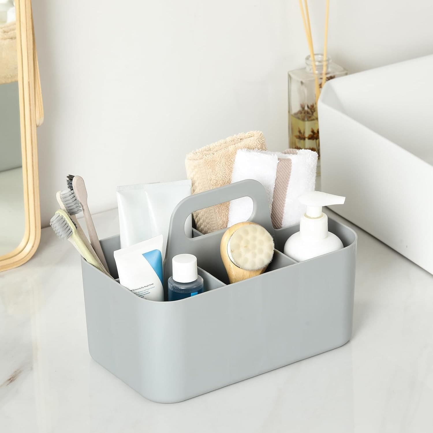 Portable Organizer Caddy with Handle Divided Storage Bin Desk Bathroom Grey - Thumbnail 4