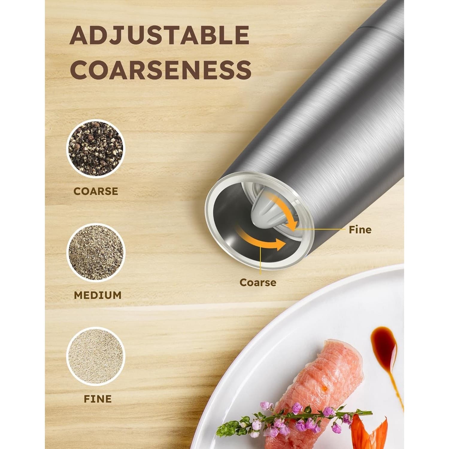 Electric Salt Pepper Grinder Set Gravity LED Adjustable Ceramic 6.5oz Large - Thumbnail 3